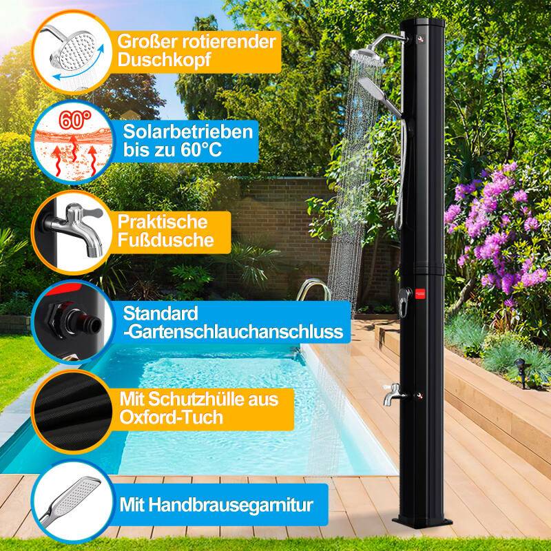 Solardusche Pooldusche Außendusche Shower Pool Reise Deluxe Gartendusche 40L (mit Schutzabdeckung、mit Handbrause、mit Bodenelement)