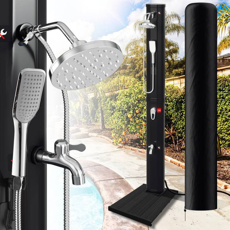 Solardusche Garten Solar Pooldusche Gartendusche Solardusche Wassertank 60L (mit Schutzabdeckung、mit Handbrause、Schwarz、mit Bodenelement)