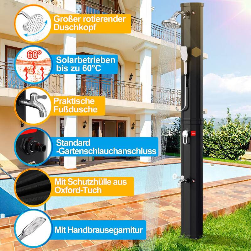 Solardusche Gartendusche Wasserhahn Camping Pooldusche Solar Außendusche 60L (mit Schutzabdeckung、mit Handbrause、Schwarz、mit Bodenelement)