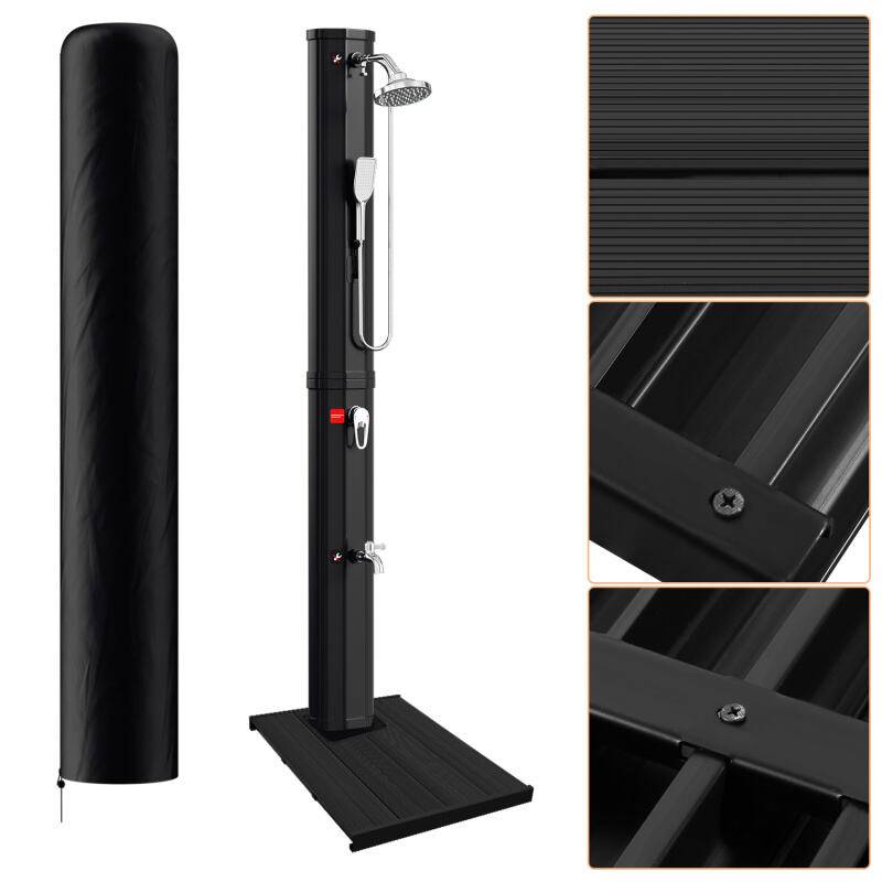 Solardusche Außendusche Pooldusche Gartendusche Bodendusche Dusche Rohr 60L (mit Schutzabdeckung、mit Handbrause、Schwarz、mit Bodenelement)