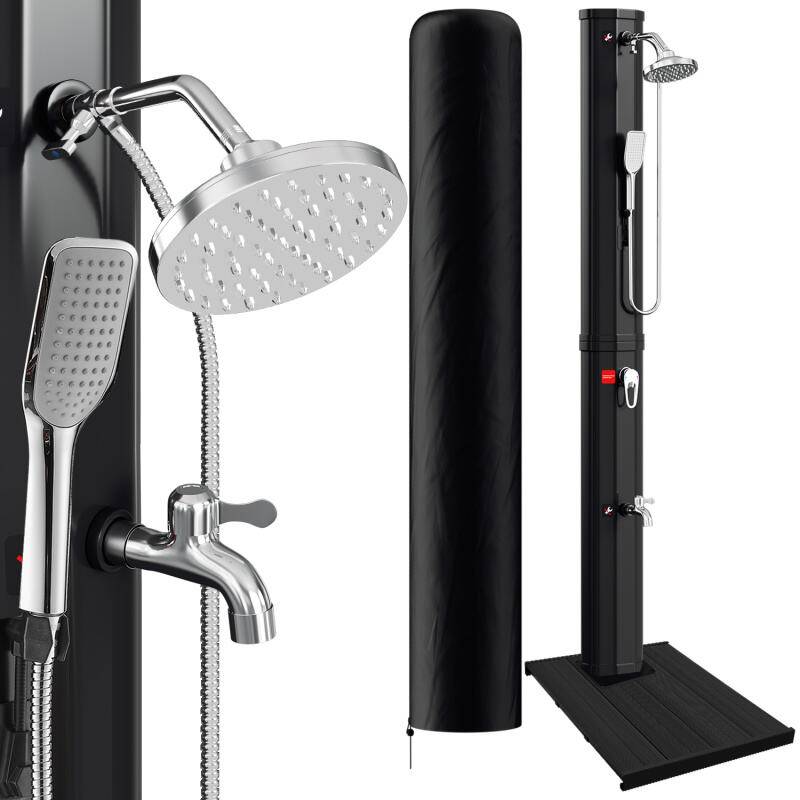 Solardusche Heizung Fusspumpe Gartenduschen Pool Pooldusche Gartendusche 60L (mit Schutzabdeckung、mit Handbrause、Schwarz、mit Bodenelement)