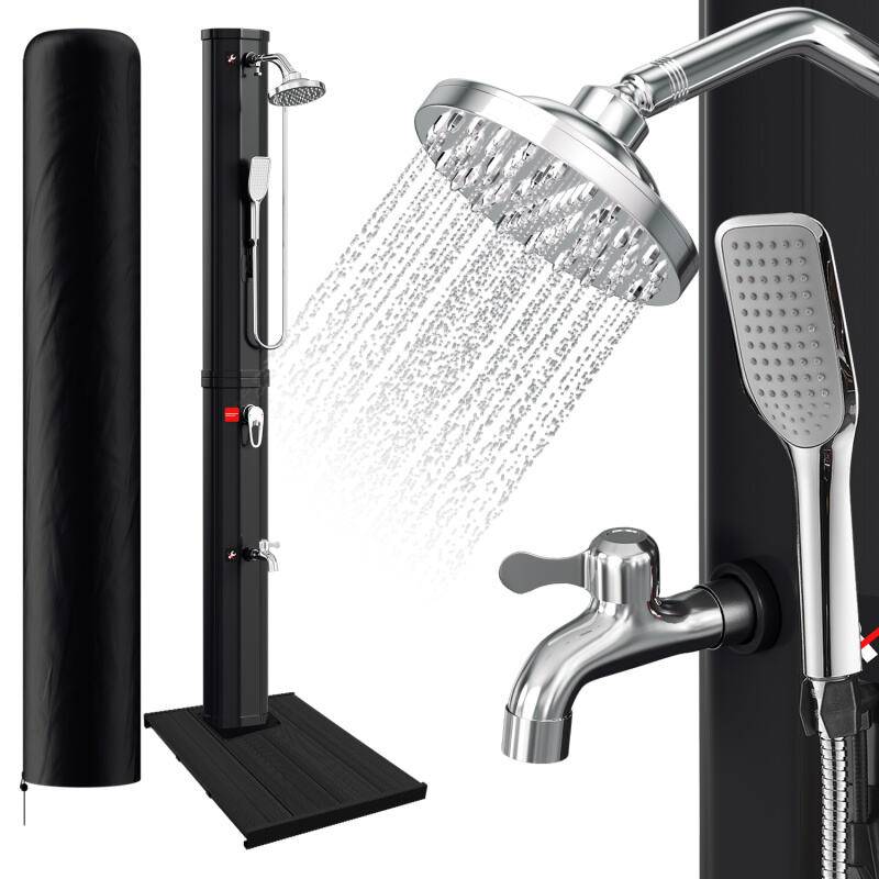 Solardusche Solar Gartendusche Shower Dusche Pooldusche Campingdusche 60L (mit Schutzabdeckung、mit Handbrause、Schwarz、mit Bodenelement)
