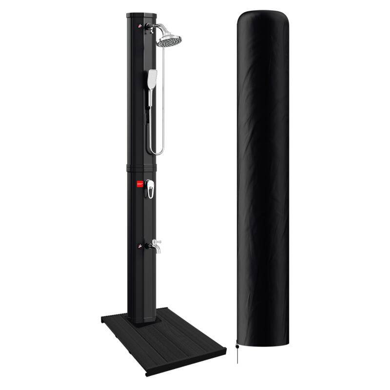 Solardusche Pooldusche Außendusche Shower Pool Reise Deluxe Gartendusche 60L (mit Schutzabdeckung、mit Handbrause、Schwarz、mit Bodenelement)