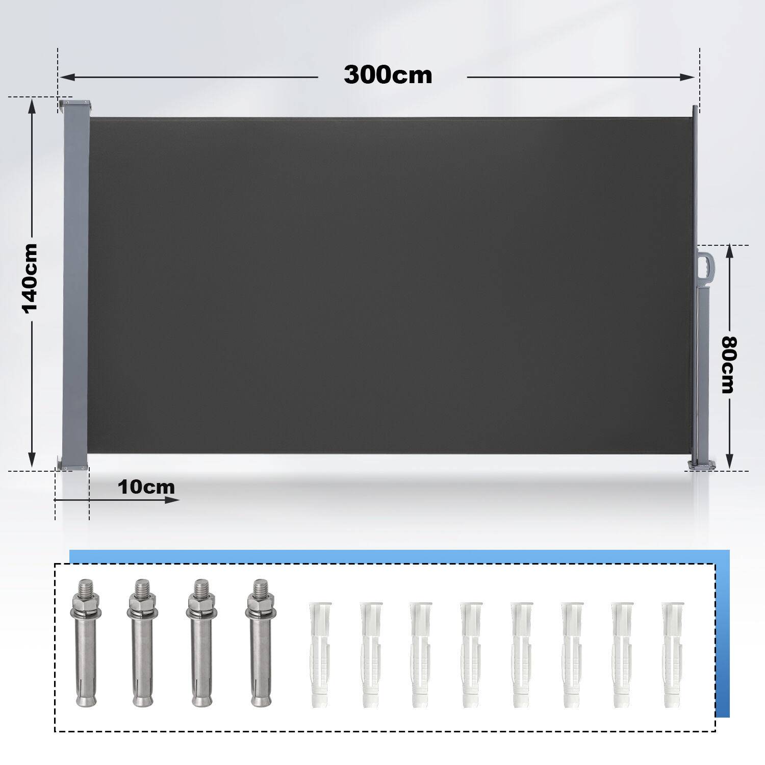 Seitenmarkise Ausziehbar Balkon Anthrazit Sonnenschutz Vollkassette Sichtschutz 140x300cm grau