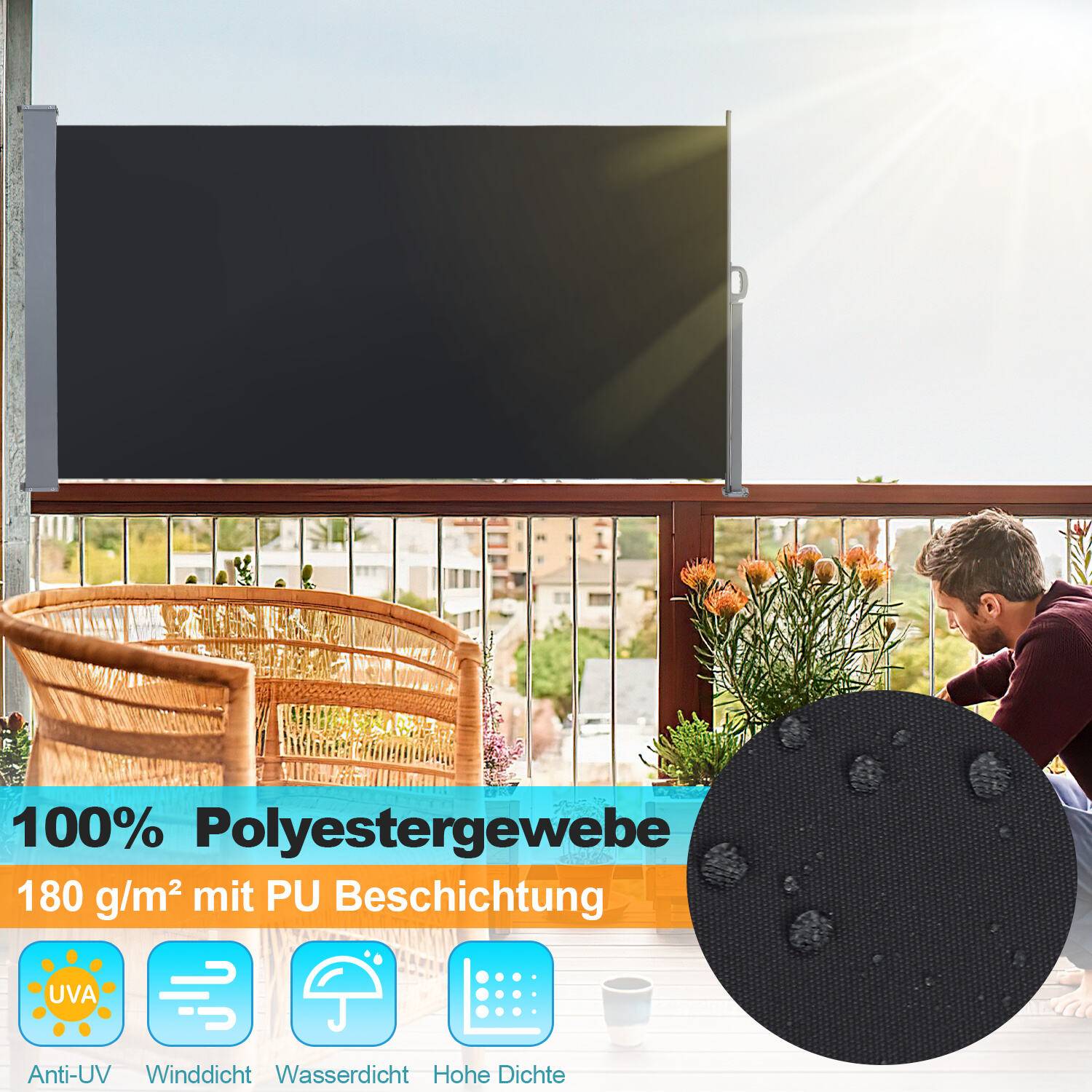 Seitenmarkise Ausziehbar Balkon Anthrazit Sonnenschutz Vollkassette Sichtschutz Schwarz 180X300cm