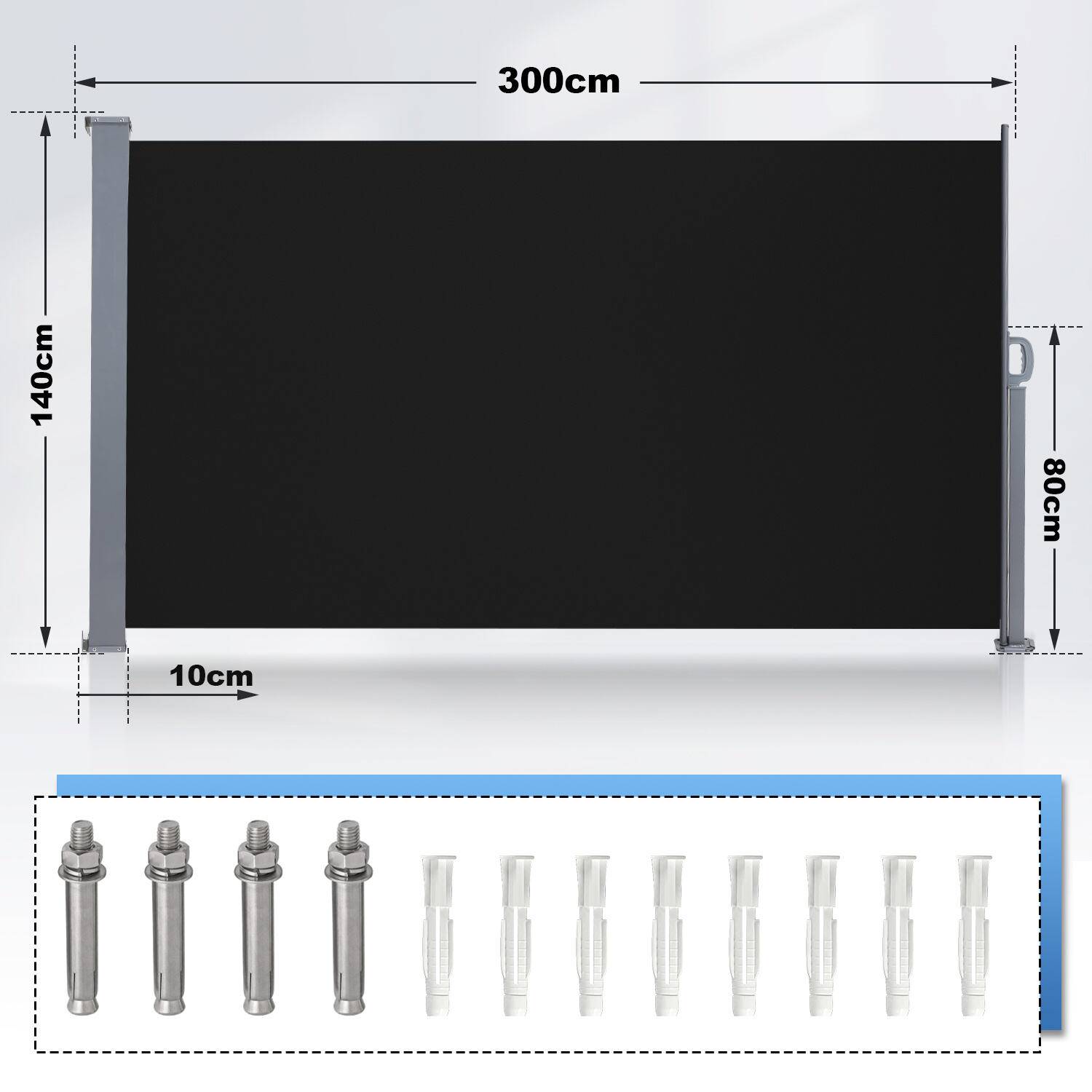 Seitenmarkise Ausziehbar Balkon Sonnenschutz Vollkassette Sichtschutz Schwarz 140x300cm