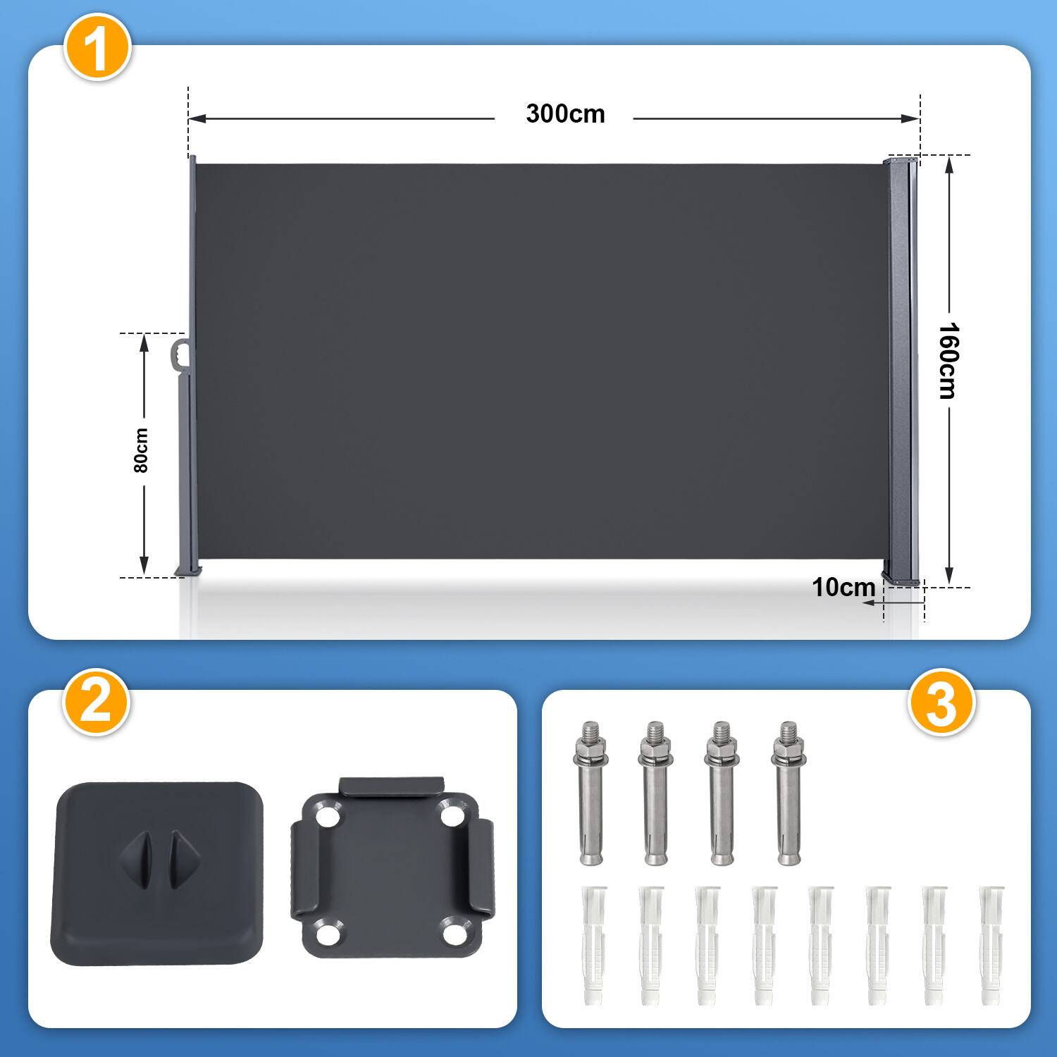 Seitenmarkise Ausziehbar Balkon Anthrazit Sonnenschutz Vollkassette Sichtschutz 160x300cm grau