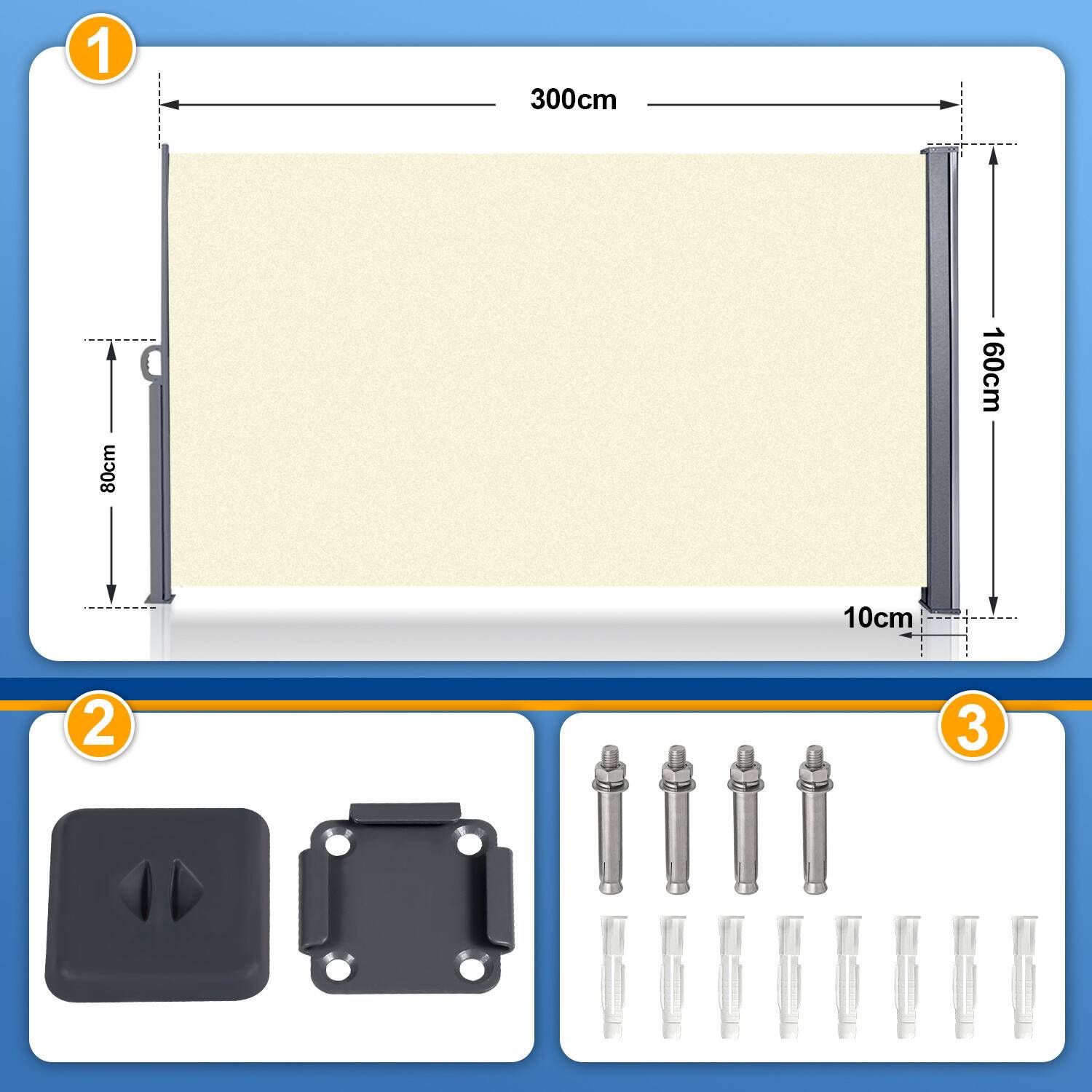 Seitenmarkise Ausziehbar Balkon Anthrazit Sonnenschutz Vollkassette Sichtschutz 160x300cm Beige