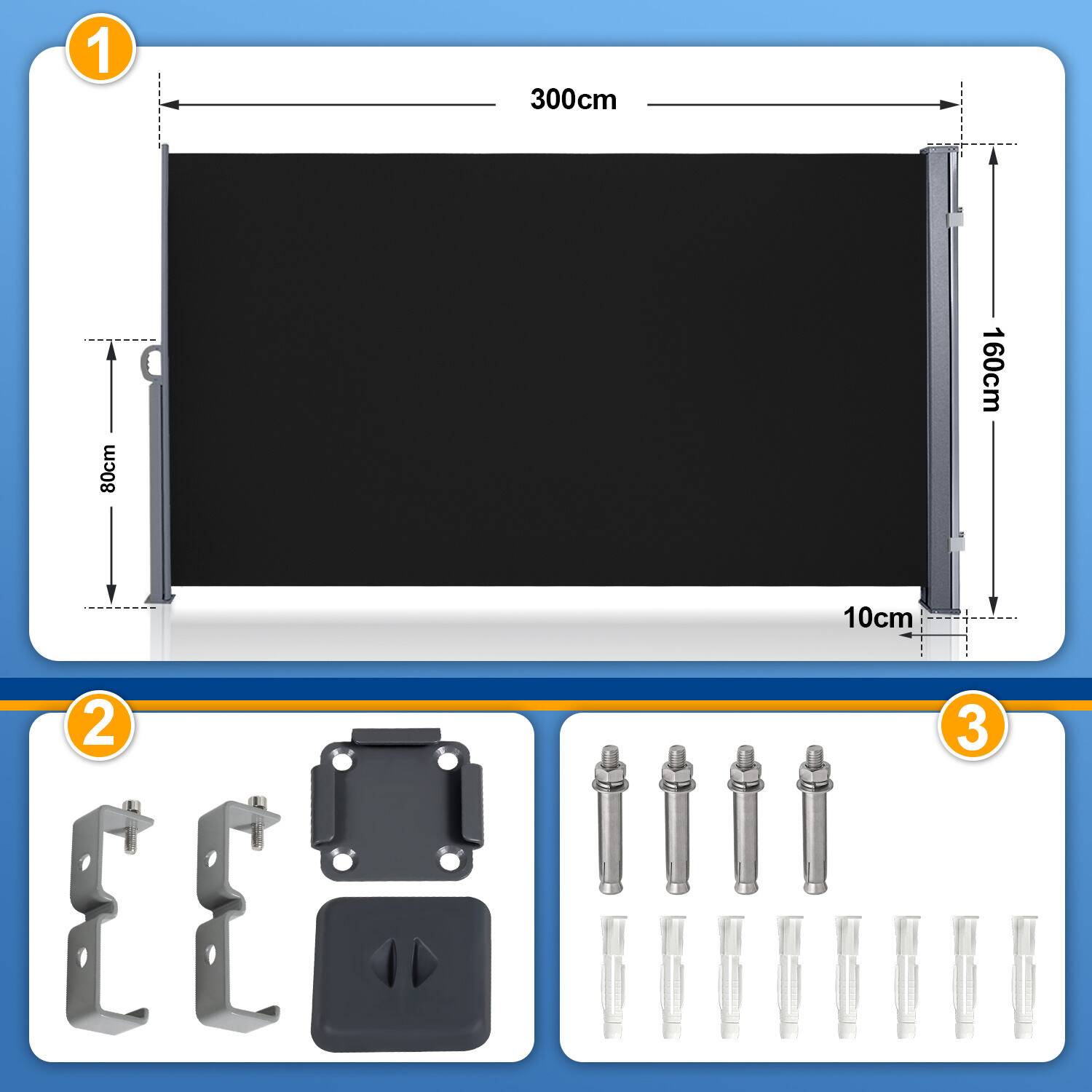 Seitenmarkise Ausziehbar Balkon Anthrazit Sonnenschutz Vollkassette Sichtschutz 160x300cm Schwarz