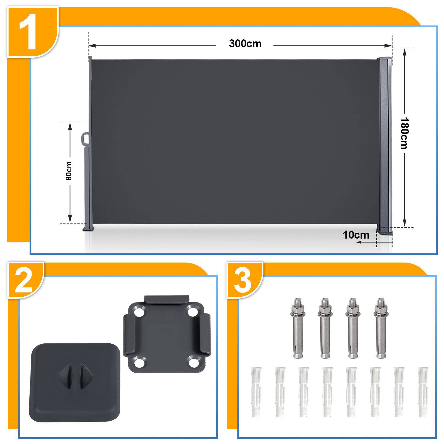Seitenmarkise Ausziehbar Balkon Anthrazit Sonnenschutz Vollkassette Sichtschutz grau 180X300cm