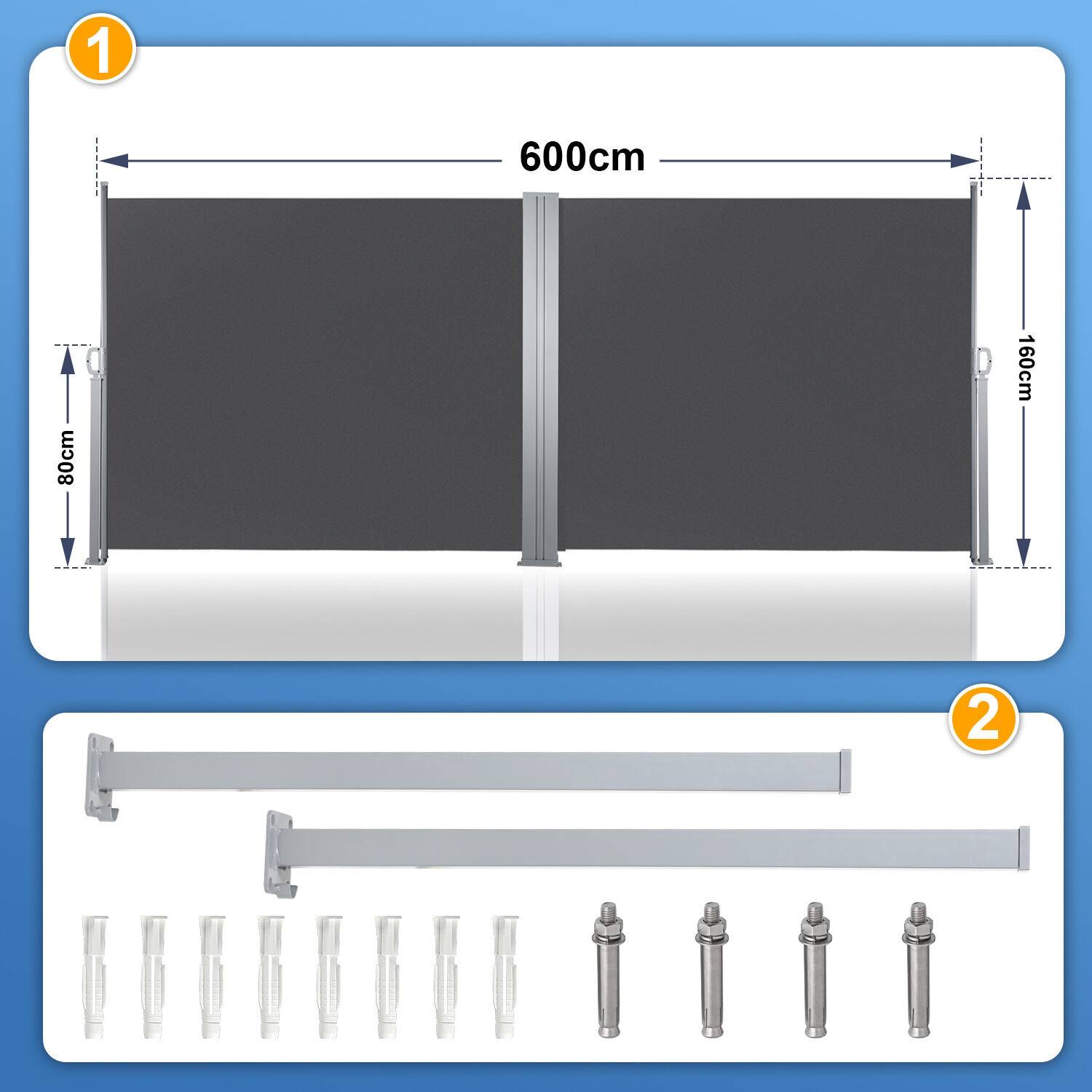 Seitenmarkise Ausziehbar Balkon Anthrazit Sonnenschutz Vollkassette Sichtschutz grau 160x600cm