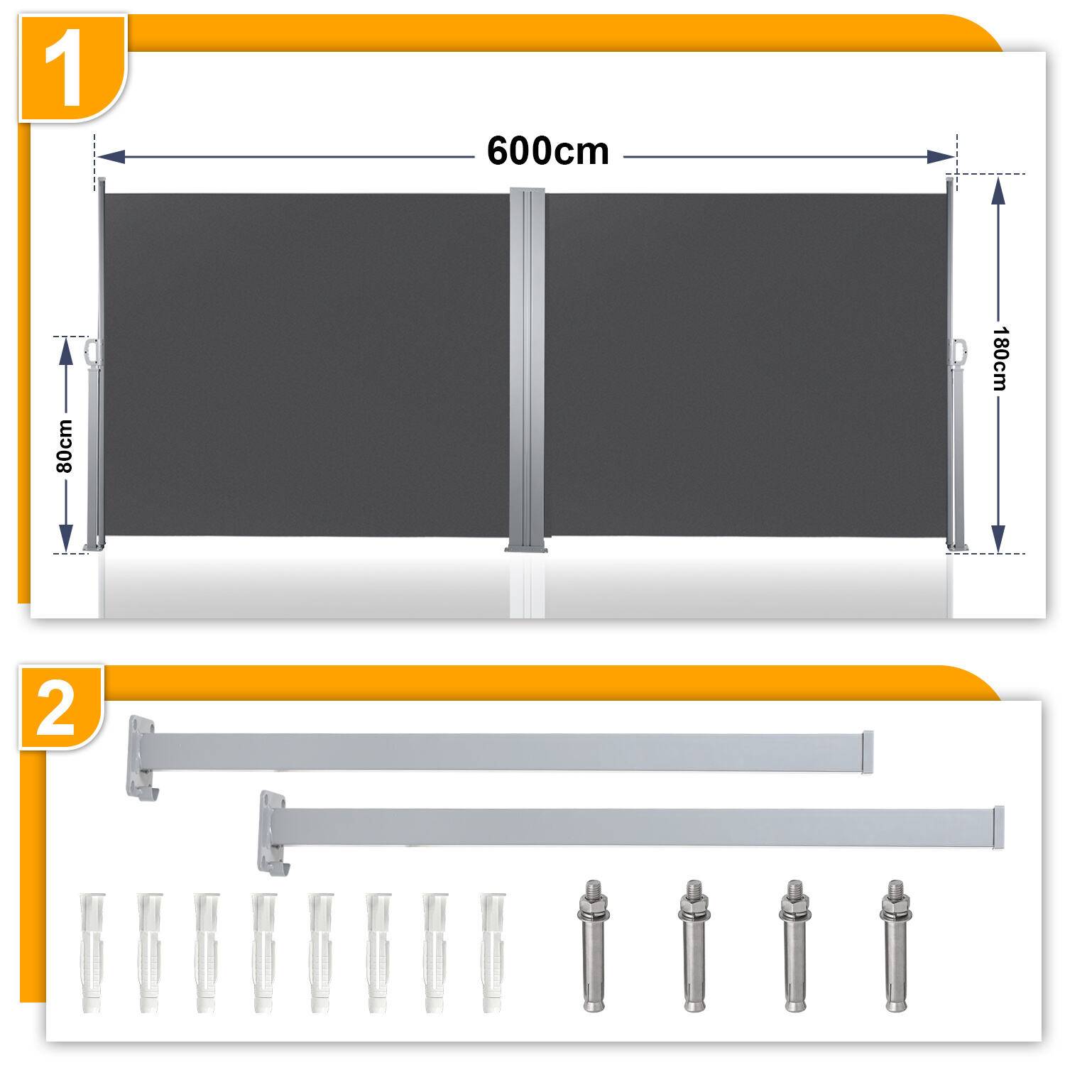 Seitenmarkise Ausziehbar Balkon Anthrazit Sonnenschutz Vollkassette Sichtschutz 180x600cm grau
