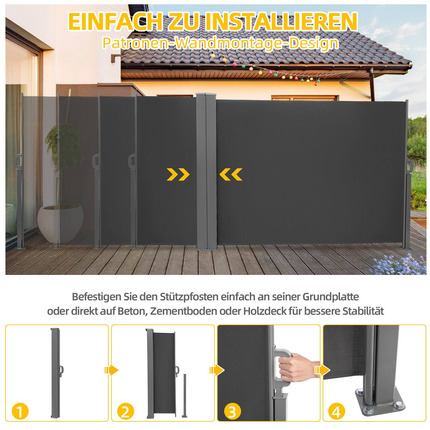 Seitenmarkise Ausziehbar Balkon Anthrazit Sonnenschutz Vollkassette Sichtschutz 180x600cm grau