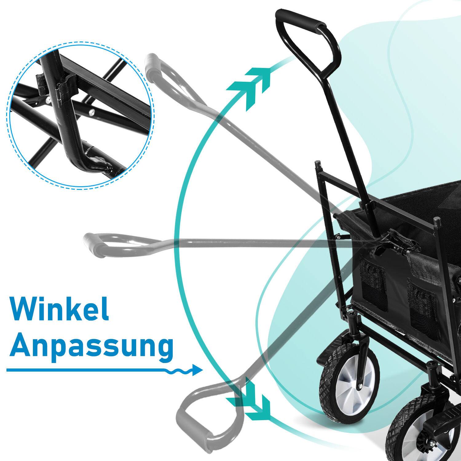 Bollerwagen Faltbar mit Dach Handwagen Transportwagen 2 Sitzer klappbar Vollgummi-Reifen Bremse bis 80 kg Schwarz