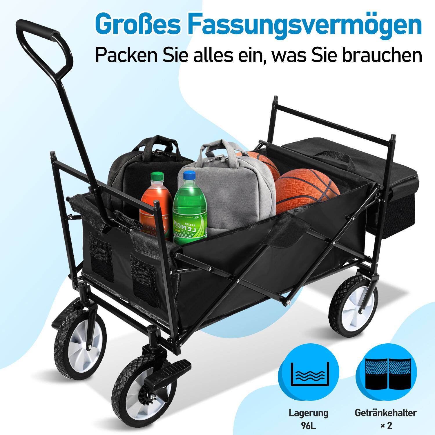 Bollerwagen mit Dach Faltbar Handwagen Klappbar Gerätewagen Gartenwagen Transportwagen mit Teleskopgriff Strandwagen Schwarz