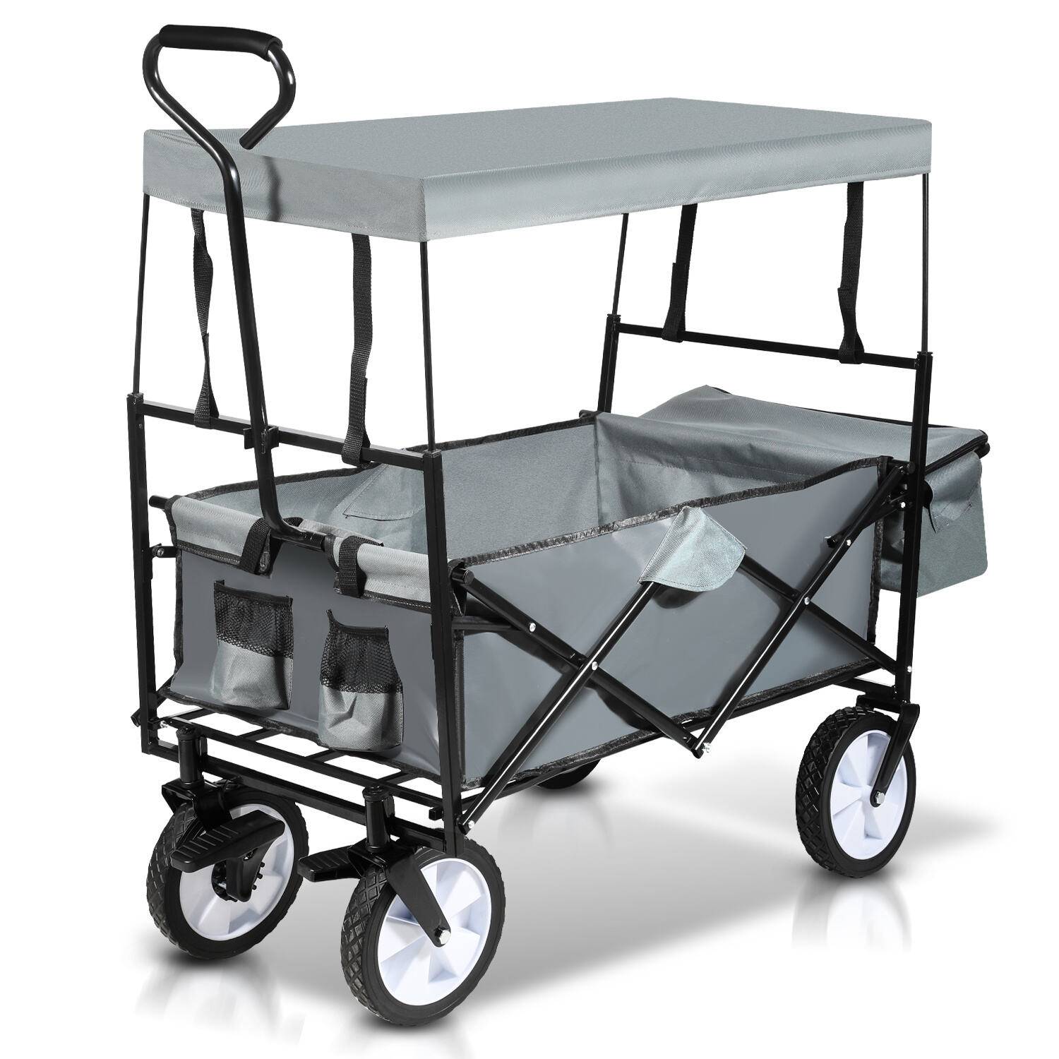 Bollerwagen mit Dach Faltbar Handwagen Klappbar Gerätewagen Gartenwagen Transportwagen mit Teleskopgriff Strandwagen Grau
