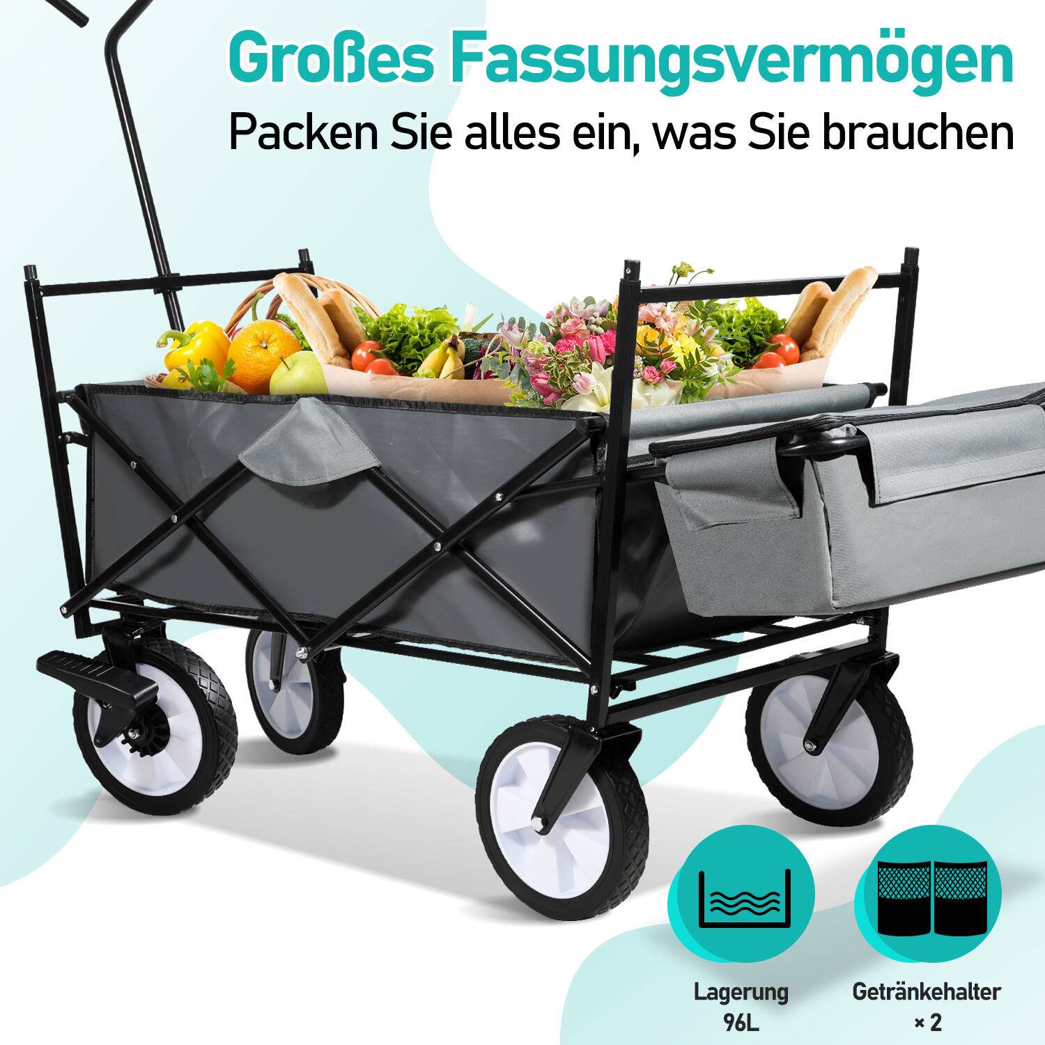 Bollerwagen faltbar mit Dach Handwagen Transportwagen Gerätewagen klappbar, Vollgummi-Reifen, bis 80 kg Gartenwagen Grau