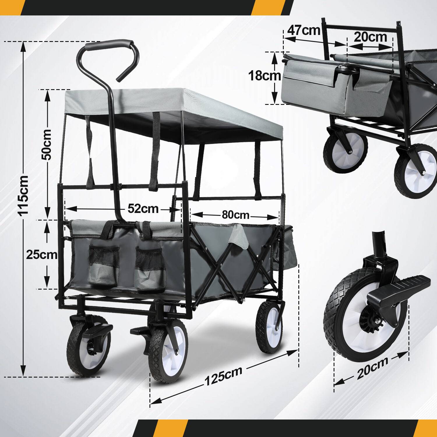 Bollerwagen Faltbar mit Dach Handwagen Transportwagen 2 Sitzer klappbar Vollgummi-Reifen Bremse bis 80 kg Grau
