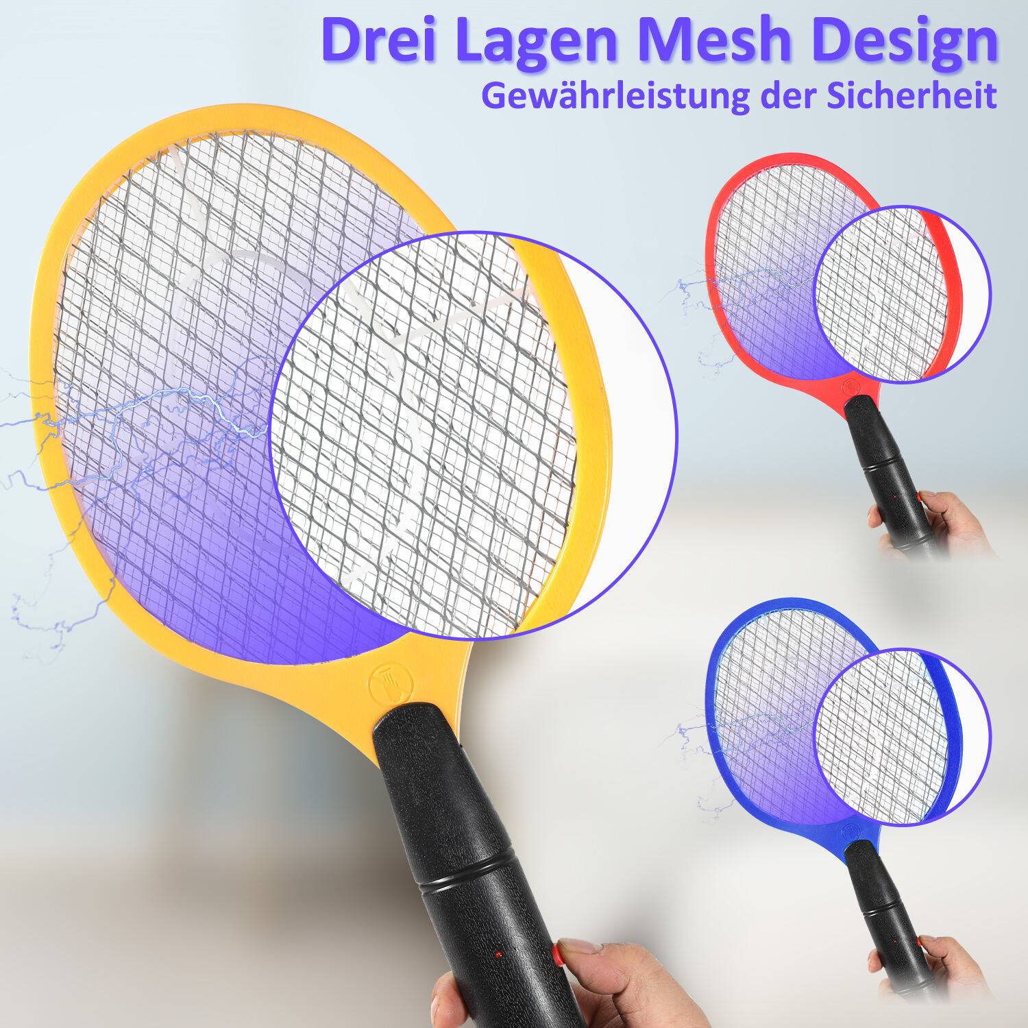 3er Set Elektrische Fliegenklatsche Doppeltes Sicherheitsnetz Fliegenfänger Insektenvernichter Mückenklatsche Elektronische Insektenfalle Insektensc