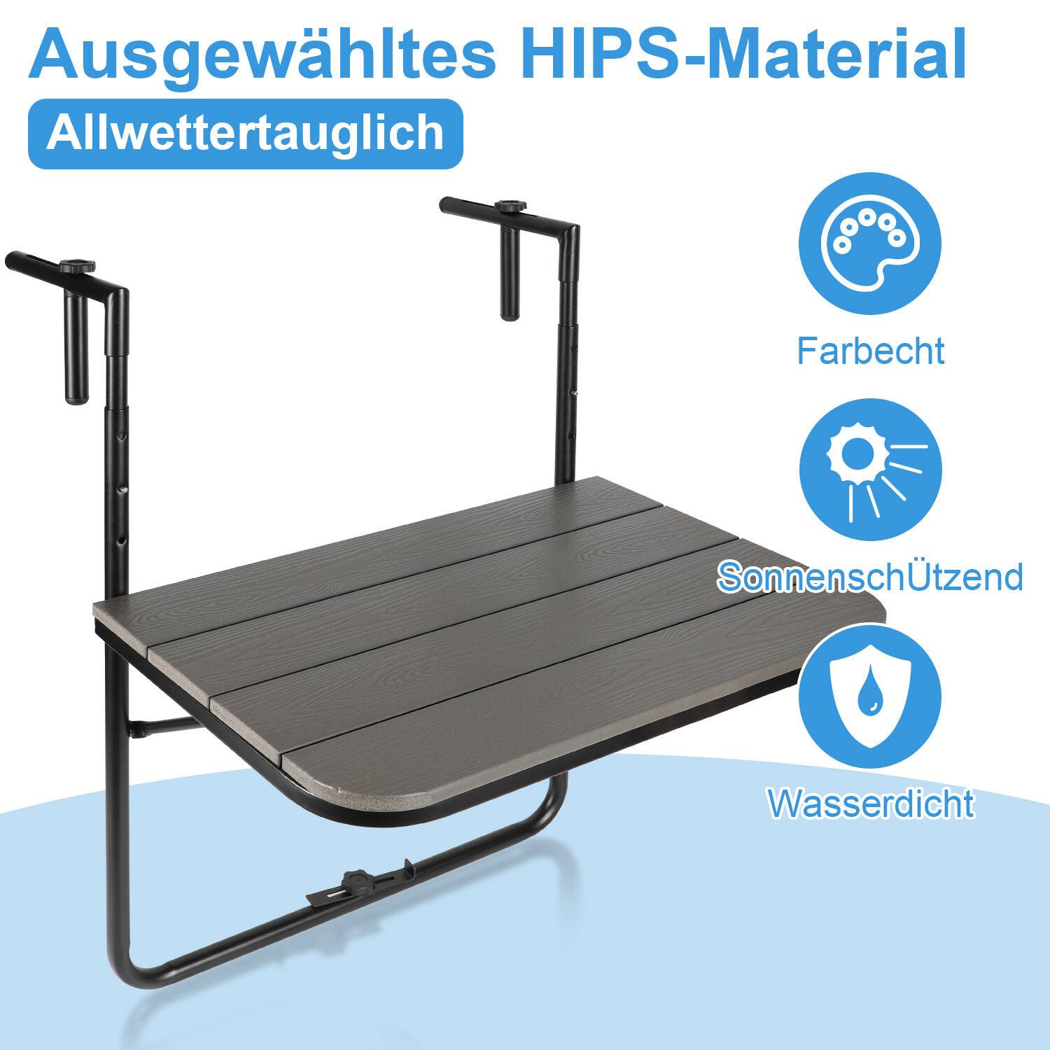 Balkonhängetisch, Balkontisch zum Hängen, Hängetisch klappbar Beistelltisch Gartentisch, Klapptisch mit 3 Höhen, 2 Tassenhalterungen, in Holz-Opti