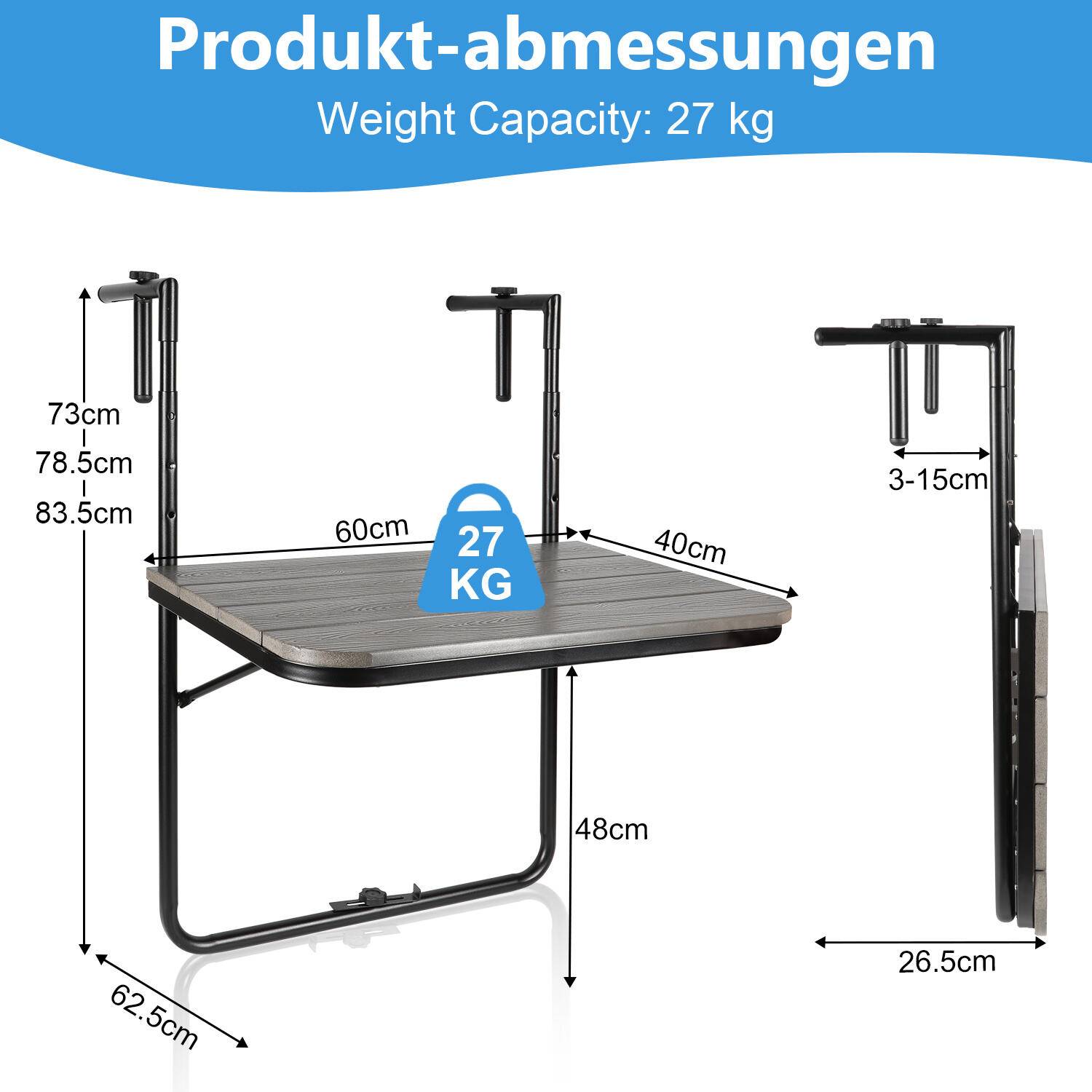 Balkonhängetisch Klappbar, Balkontisch zum Hängen, Hängetisch für Balkongeländer, Beistelltisch Klapptisch mit 3 Höhenverstellbar, Tischplatte 6