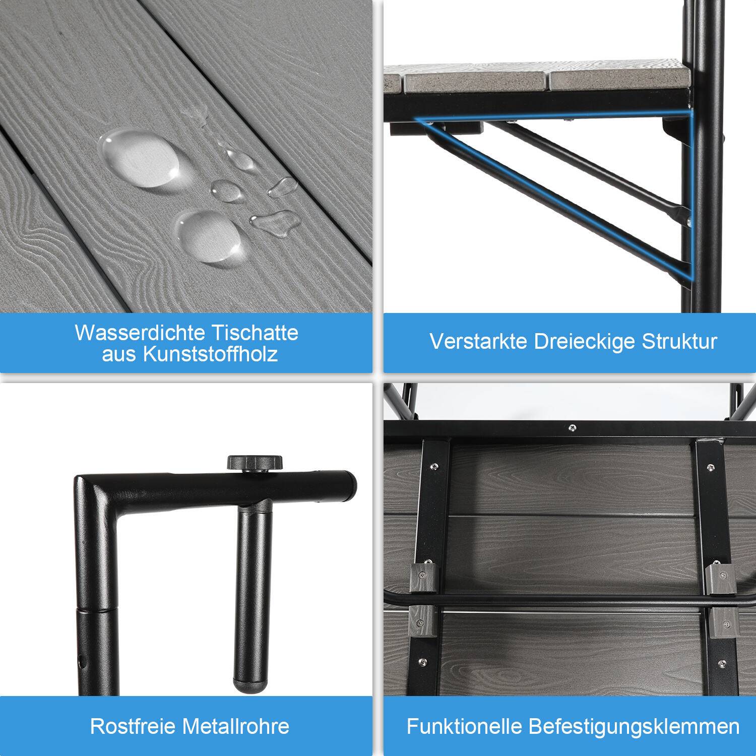 Balkonhängetisch, Balkontisch zum Hängen, Hängetisch klappbar Beistelltisch Gartentisch, Klapptisch mit 3 Höhen, 2 Tassenhalterungen, in Holz-Opti