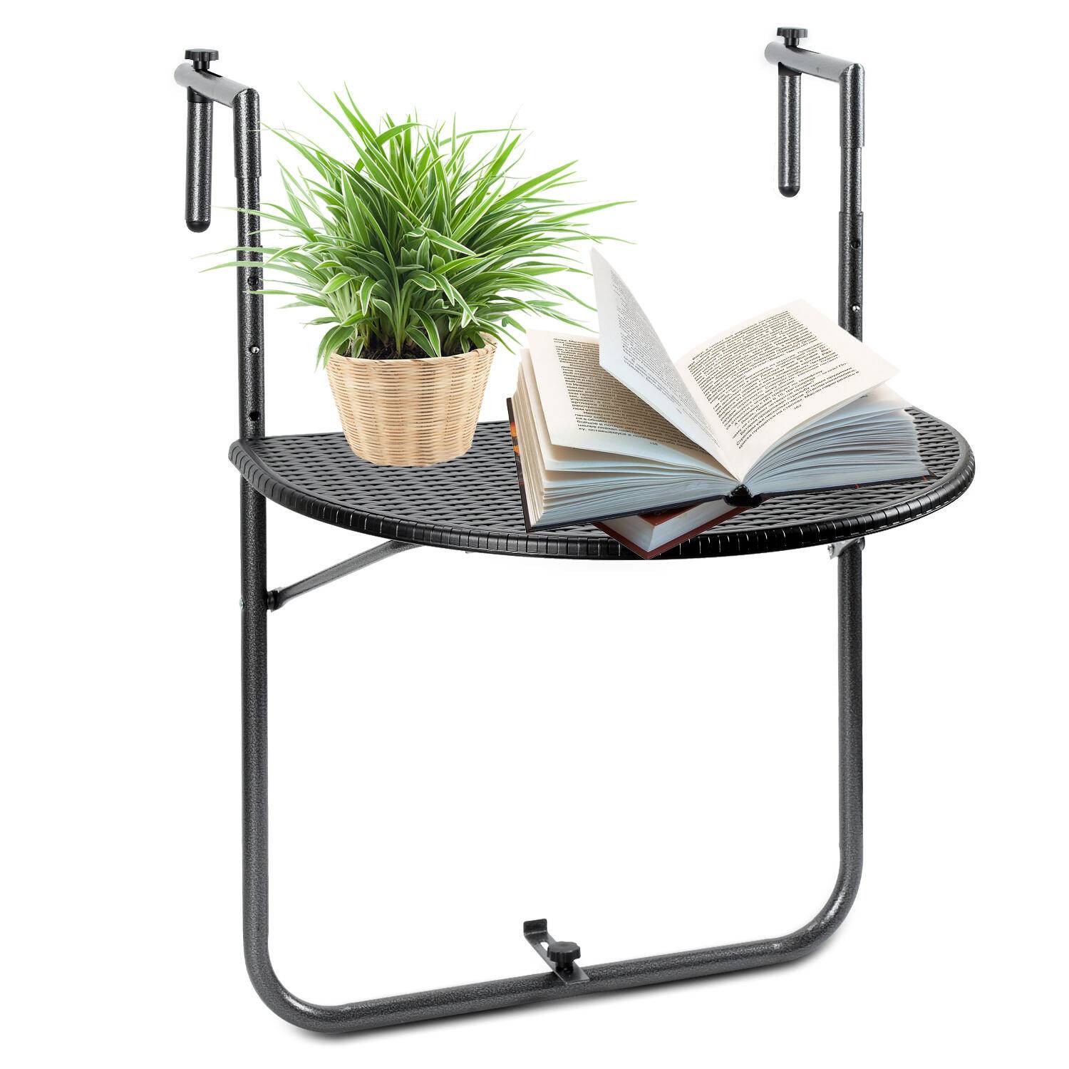 Balkontisch Balkonhängetisch Klappbar Hängetisch höhenverstellbar halbrund Terrasse Metall Balkon Klapptisch Beistelltisch Schwarz L60 x B64 x H84