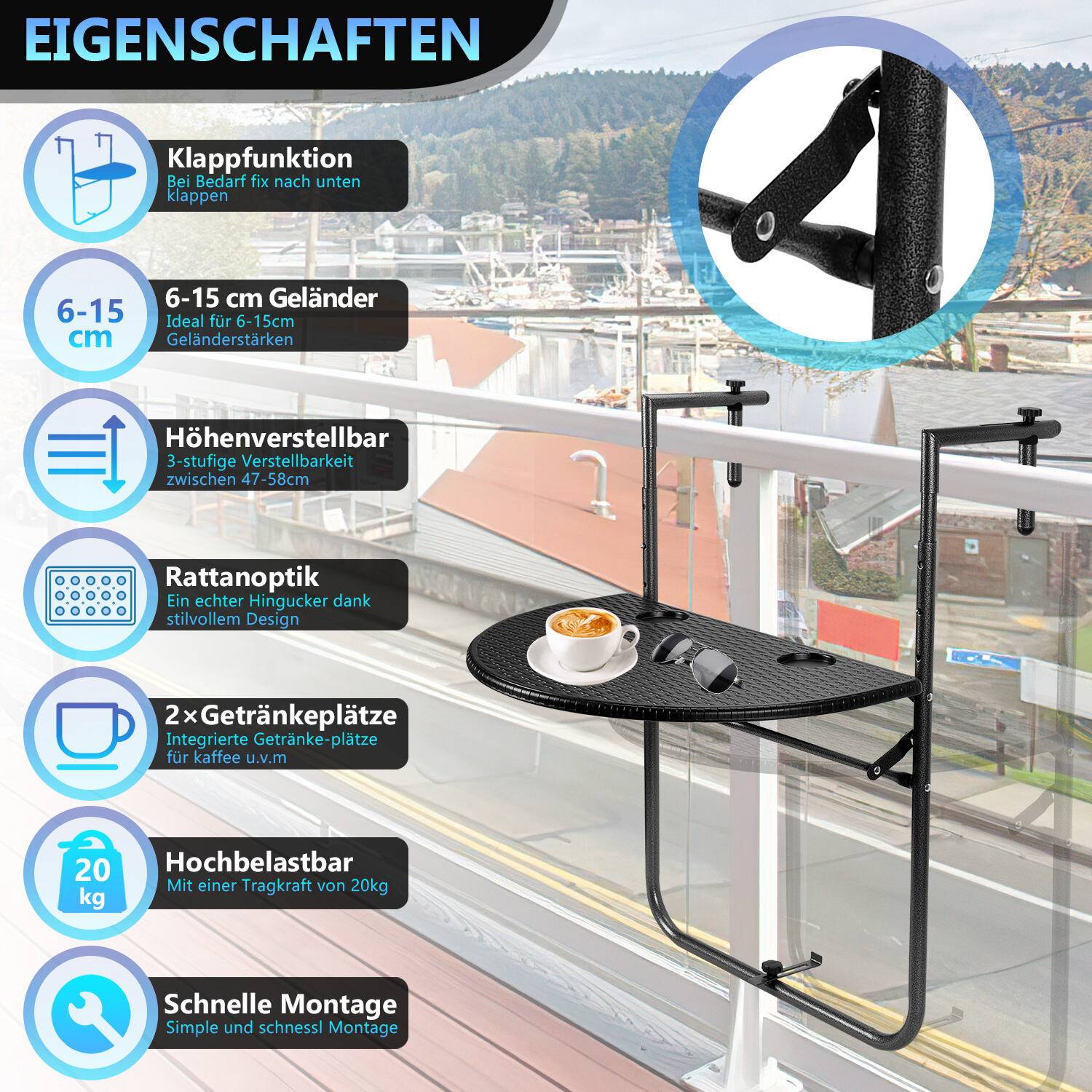 Balkonhängetisch Gartentisch Balkontisch Hängetisch klappbar 64x60x83.5cm mit 3 Höhenverstellbar, Tischplatte 60x40 cm, in Rattan-Optik, Schwarz