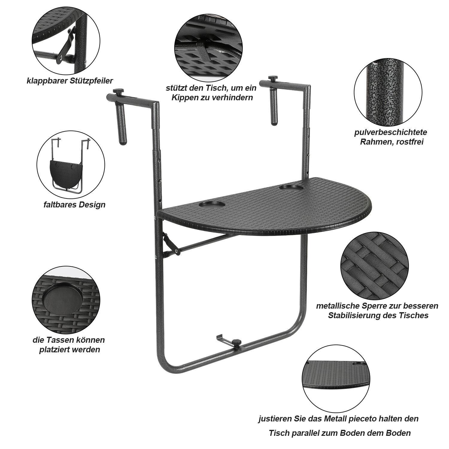 Balkonhängetisch Gartentisch Balkontisch Hängetisch klappbar 64x60x83.5cm mit 3 Höhenverstellbar, Tischplatte 60x40 cm, in Rattan-Optik, Schwarz