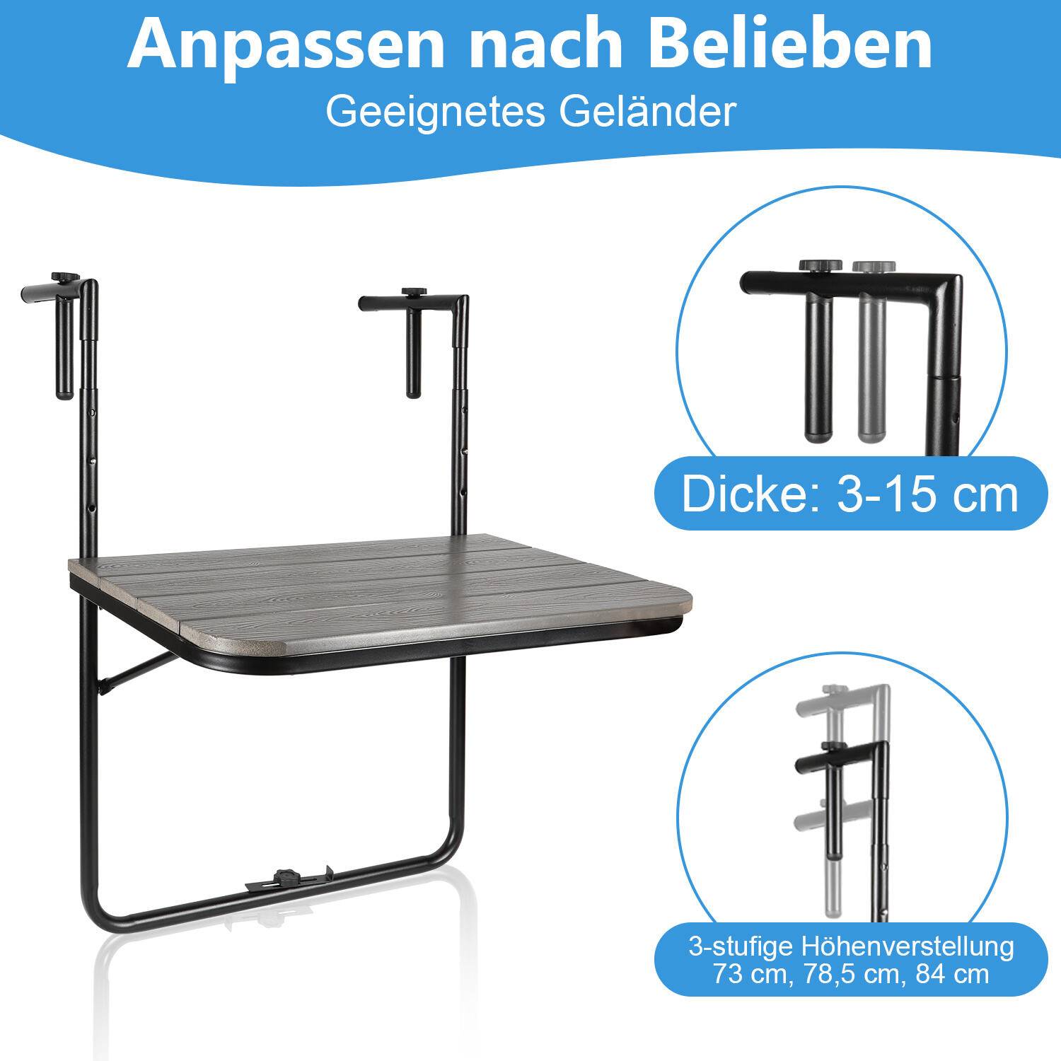 Balkontisch Hängetisch Gartentisch Balkonhängetisch Klappbar Klapptisch Balkon Tisch mit 3 Höhen, 2 Tassenhalterungen, in Dielen-Optik, 60x40 cm Gr