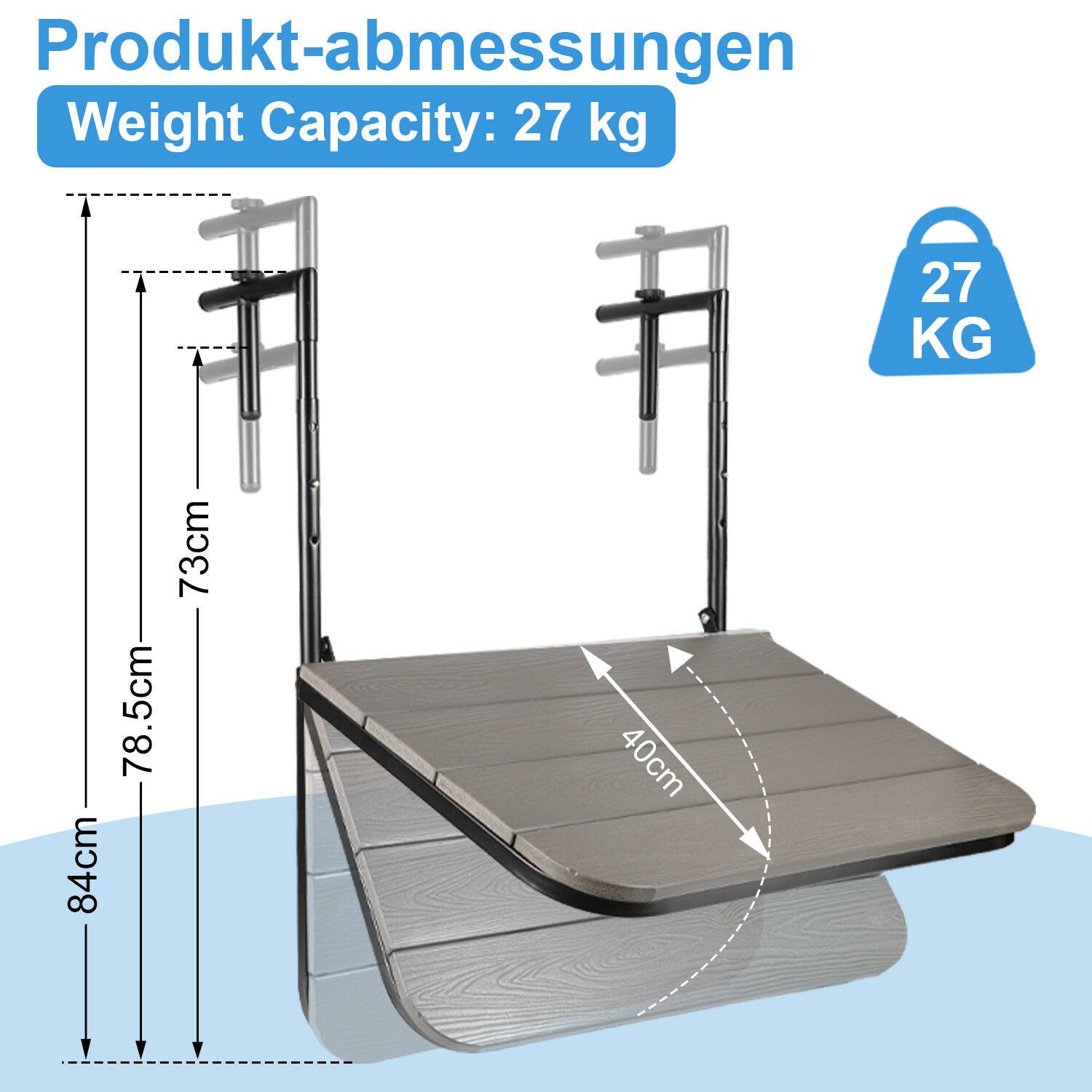 Balkontisch Hängetisch Balkonhängetisch Klappbar Klapptisch Balkon Tisch Gartentisch mit 3 Höhen, 2 Tassenhalterungen, in Holz-Optik, 60x40 cm Gra