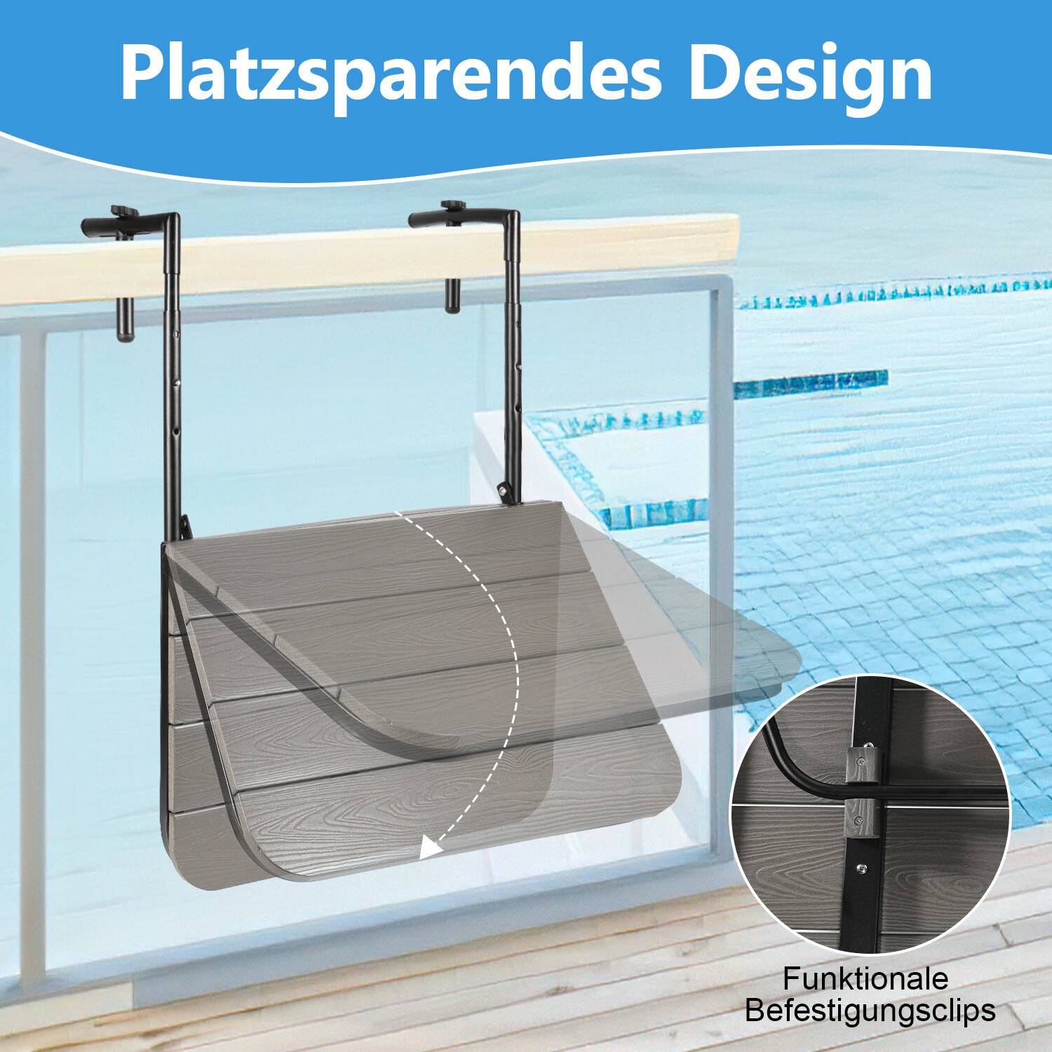 Balkontisch zum Einhängen klappbar 60x40 cm - Balkonhängetisch, Wandklapptisch, Beistelltisch - Grau