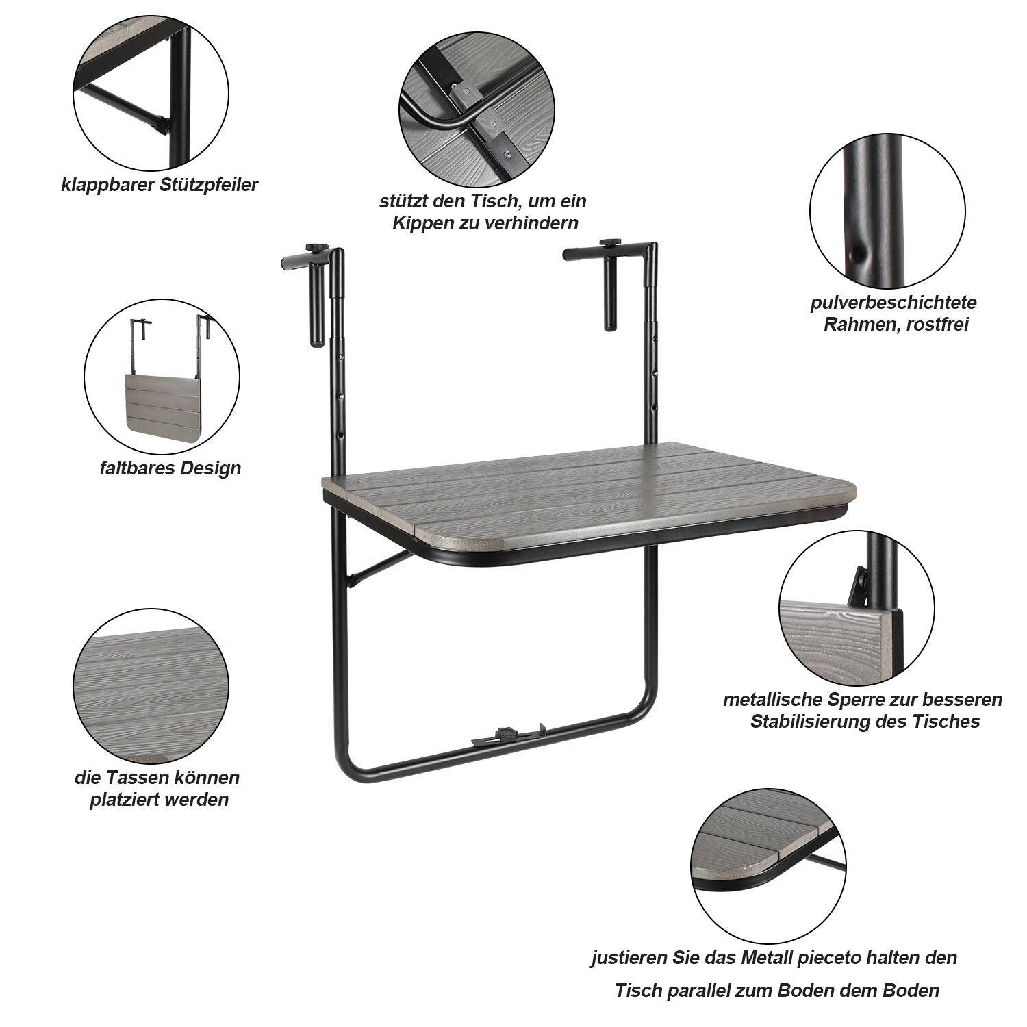Balkonhängetisch Gartentisch Balkontisch Hängetisch klappbar 60x62.5x84cm Klapptisch mit 3 Höhen, 2 Tassenhalterungen, in Holz-Optik, Grau
