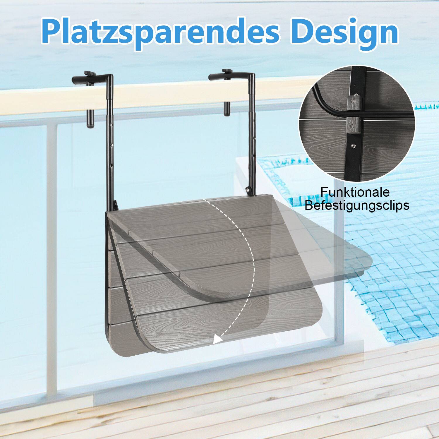 Balkonhängetisch Gartentisch Balkontisch Hängetisch klappbar 60x62.5x84cm Klapptisch mit 3 Höhen, 2 Tassenhalterungen, in Holz-Optik, Grau