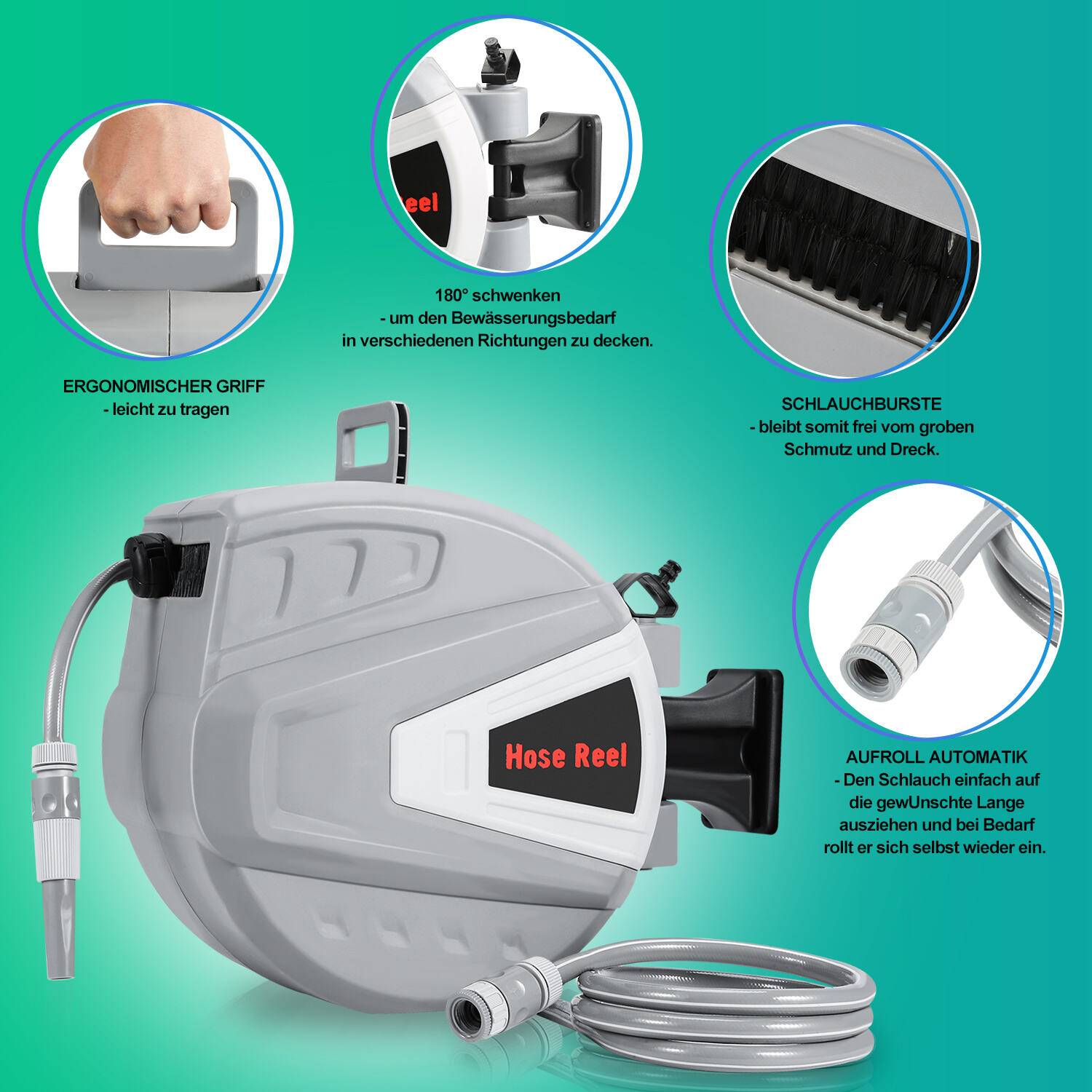 Druckluftschlauchtrommel Schlauchaufroller 20m automatik Aufroller 8 bar 1/4" Anschluss mit Multifunktionale Wasserspritzpistole Druckluftschlauch