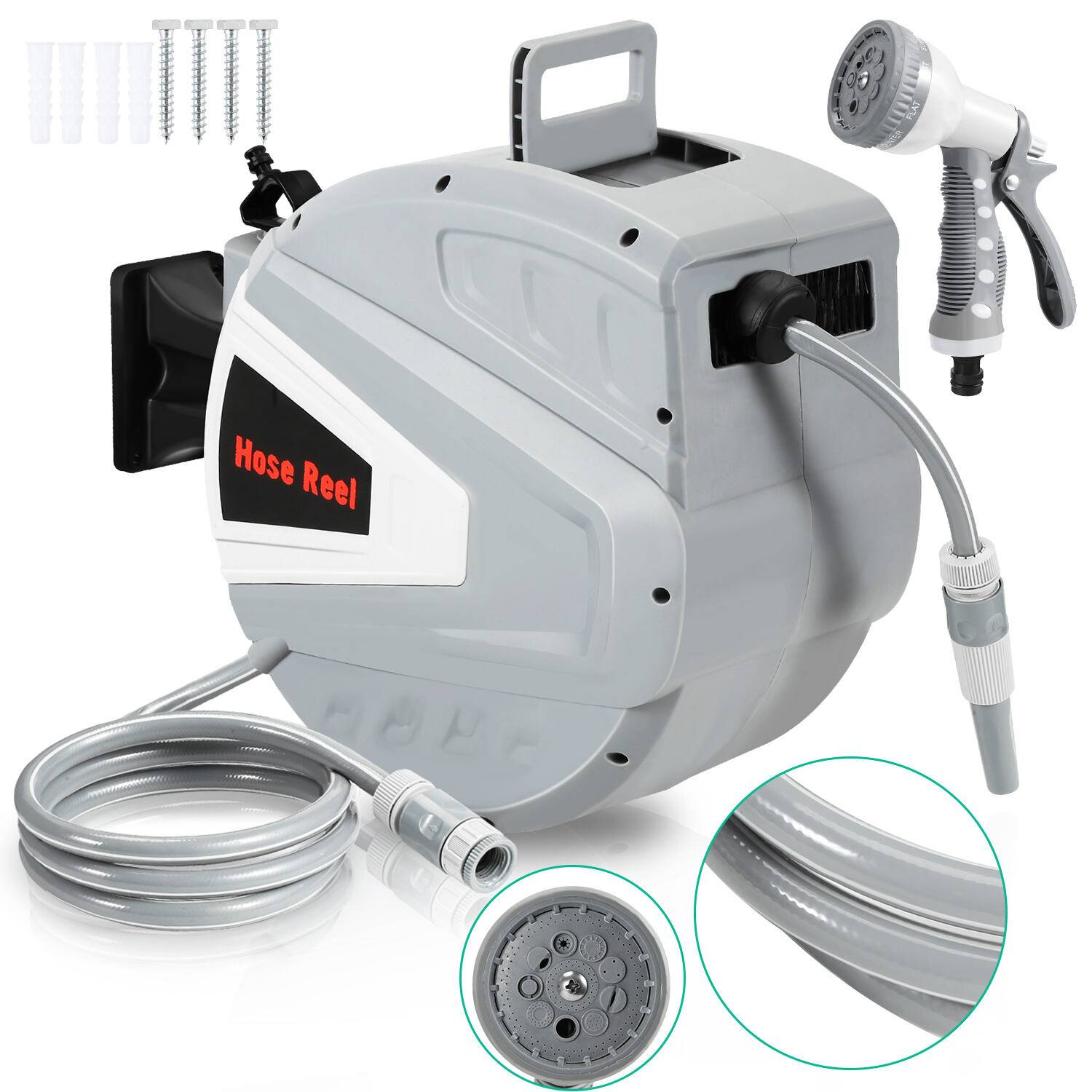 Druckluftschlauchtrommel Schlauchaufroller 20m automatik Aufroller 8 bar 1/4" Anschluss mit Multifunktionale Wasserspritzpistole Druckluftschlauch