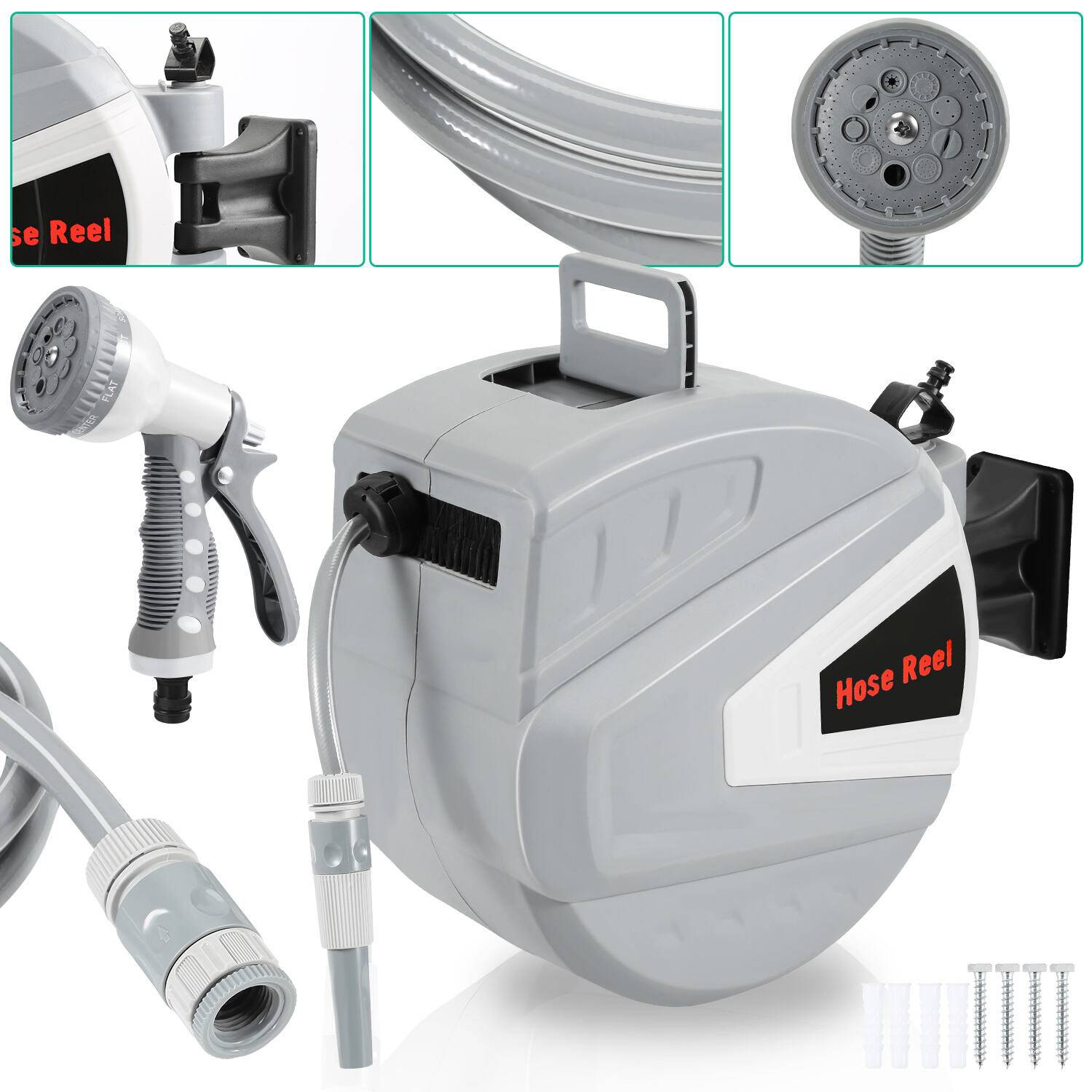 Druckluftschlauchtrommel Schlauchaufroller 30m automatik Aufroller 8 bar 1/4" Anschluss mit Multifunktionale Wasserspritzpistole Druckluftschlauch