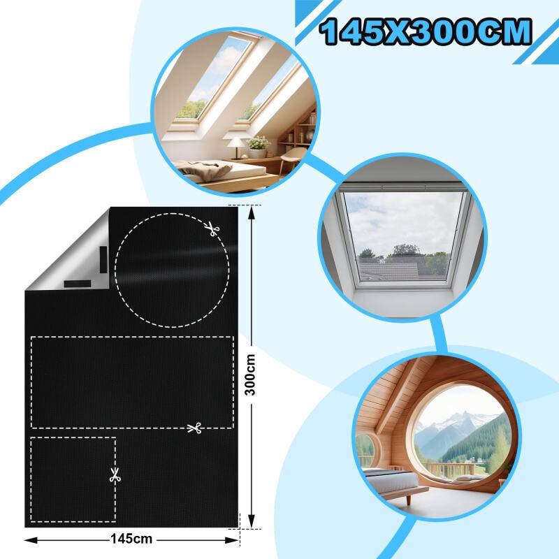 Verdunklungsstoff Verdunkelungsfolie für Fenster, Velux und Dachfenster lichtundurchlässige 145*300CM