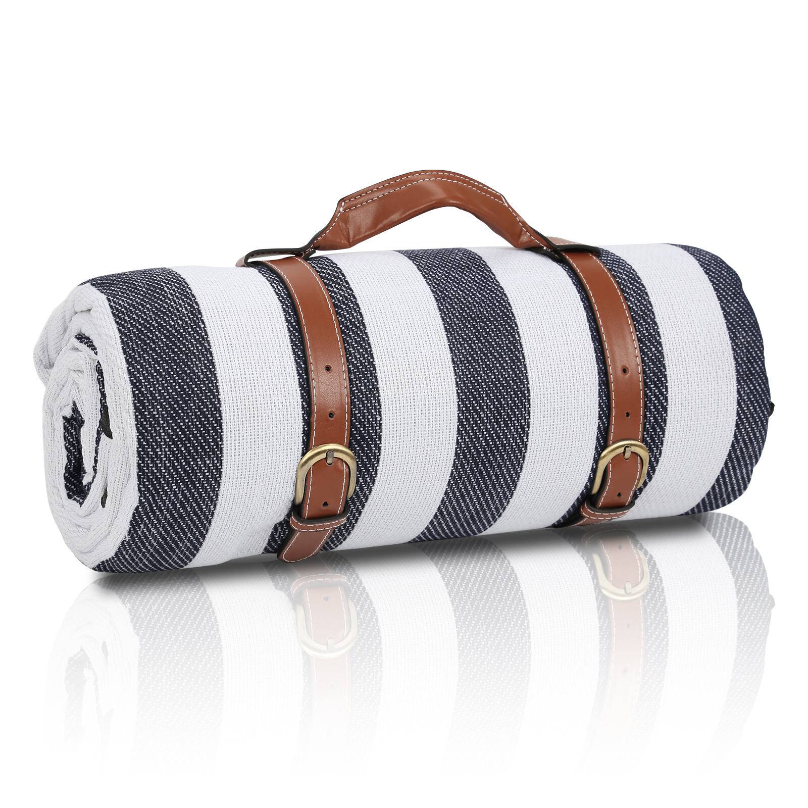 Stranddecke 200 x 200 cm, 2-8 Personen Wasserdichte Picknickdecke Sandabweisende Campingdecke XXL Ultraleicht Kompakt Nylon mit Tasche Blau-weiß