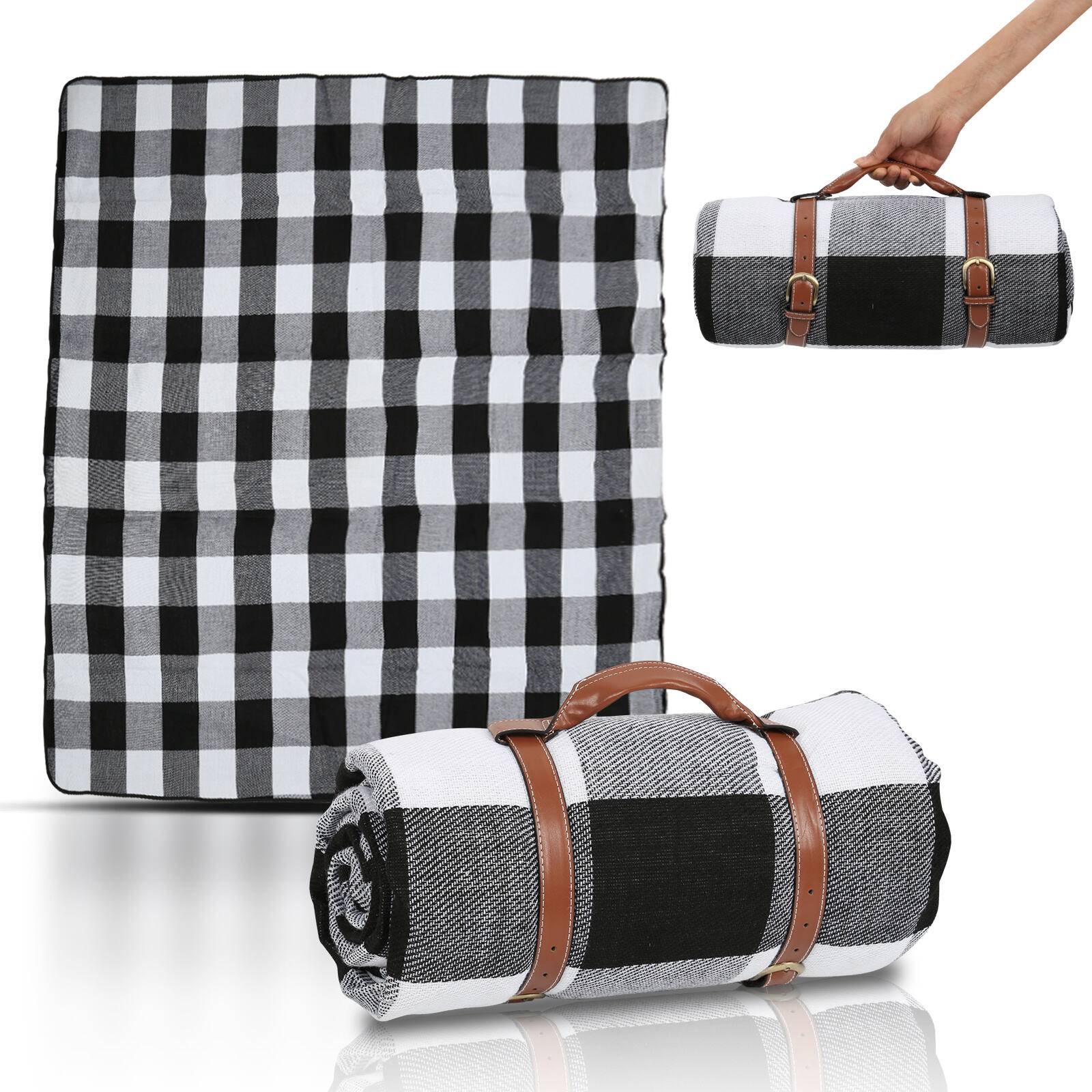 Picknickdecke 200x200cm 2-8 Personen Wasserdichte Stranddecke Sandabweisende Campingdecke XXL Ultraleicht Kompakt Nylon mit Tasche Schwarz-weiß