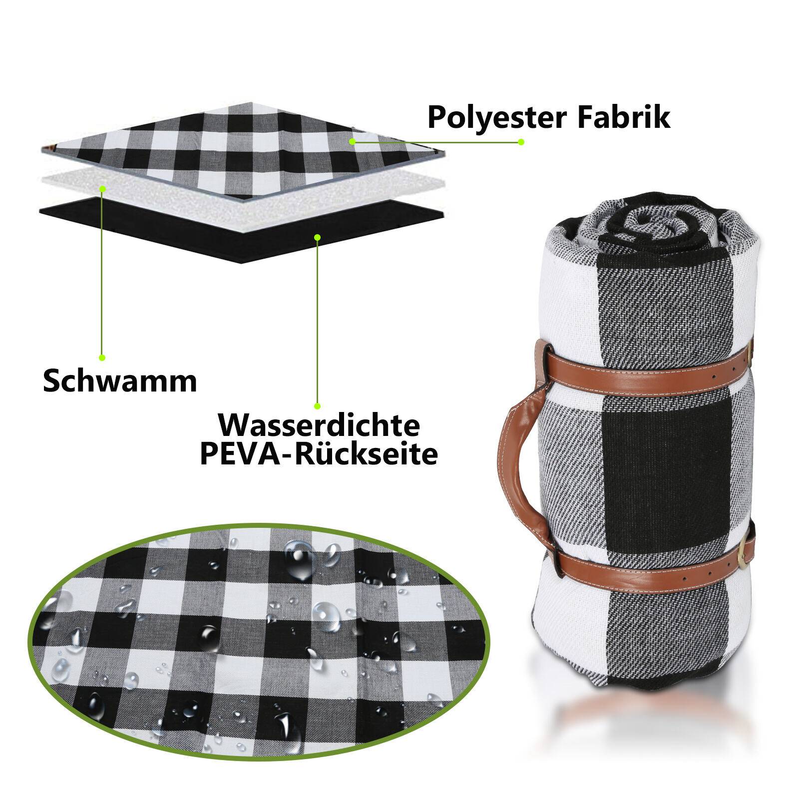 Stranddecke 200 x 200 cm, 2-8 Personen Wasserdichte Picknickdecke Sandabweisende Campingdecke XXL Ultraleicht Kompakt Nylon mit Tasche Schwarz-weiß
