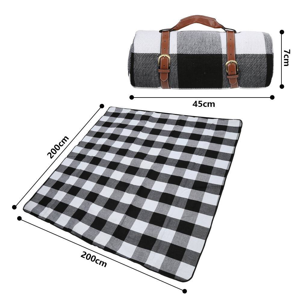 Picknickdecke 200x200cm 2-8 Personen Wasserdichte Stranddecke Sandabweisende Campingdecke XXL Ultraleicht Kompakt Nylon mit Tasche Schwarz-weiß