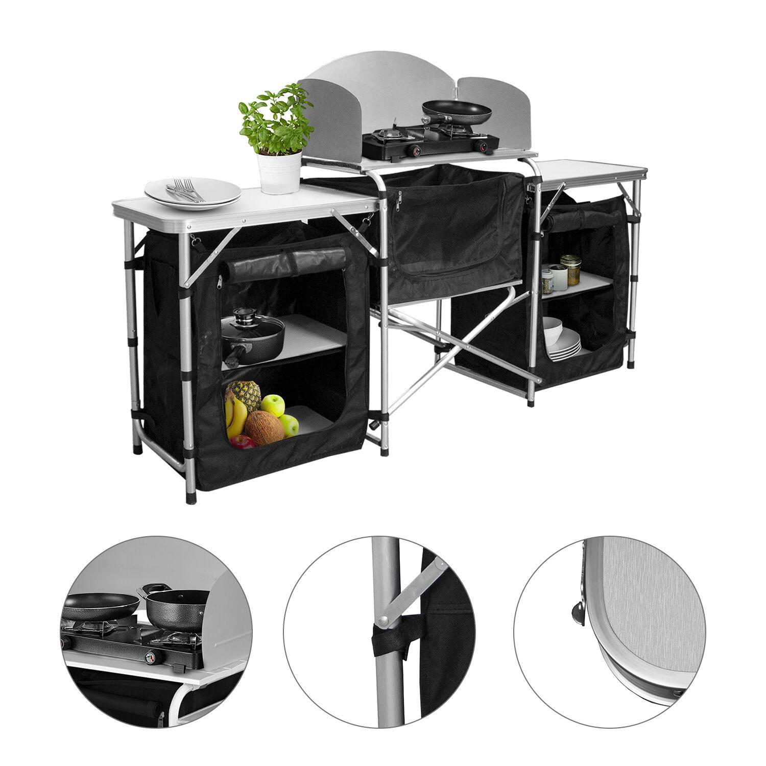 Campingtisch 120x47x68cm, Campingküche aus Alu, faltbar Campingschrank, mit 2 Aufbewahrungsfächern, Höhenverstellbar inkl Tragetasche
