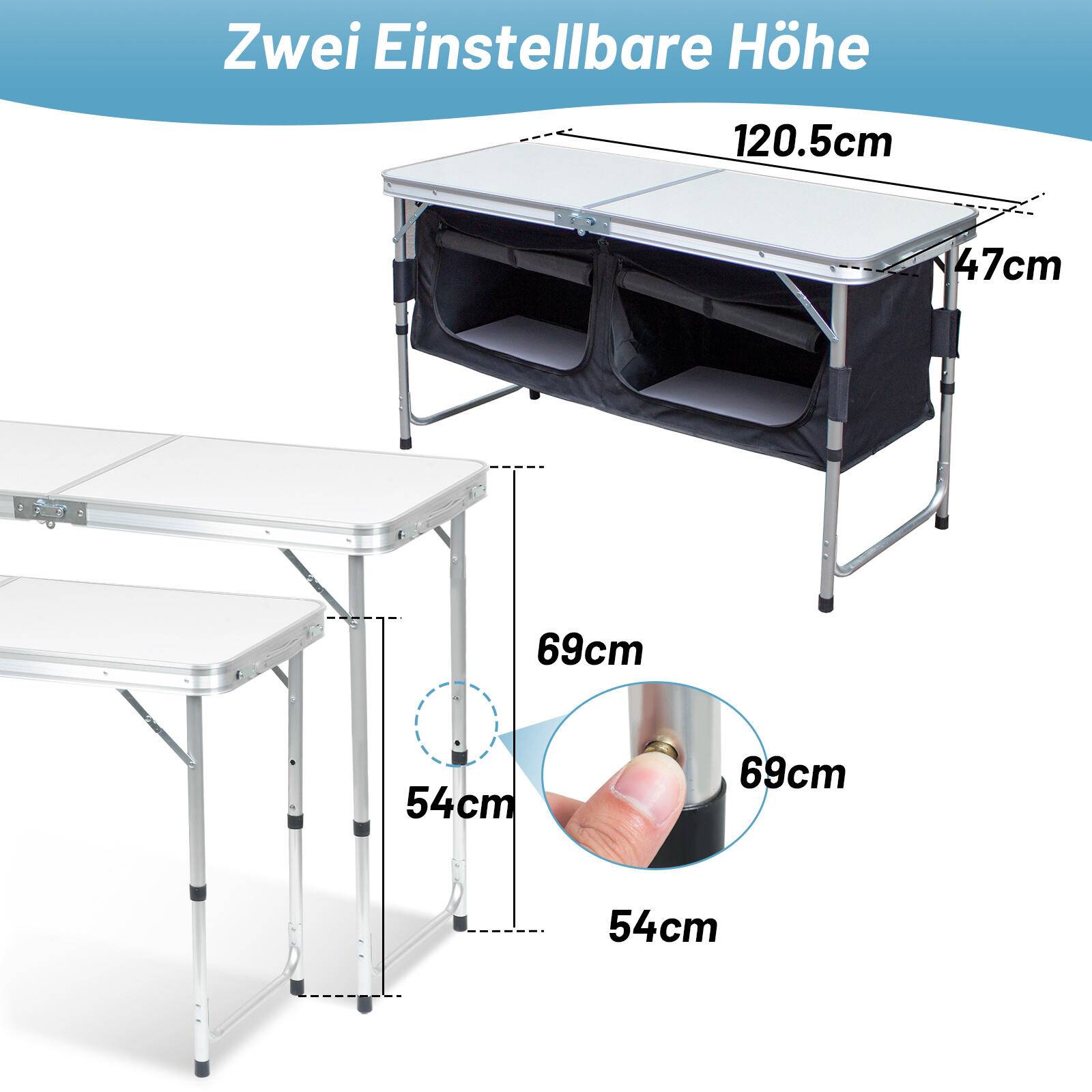 Campingküche Campingtisch aus Alu, faltbar Campingschrank inkl Tragetasche, für Picknick, Camping, Outdoor - Klein Size：120x47x68 cm