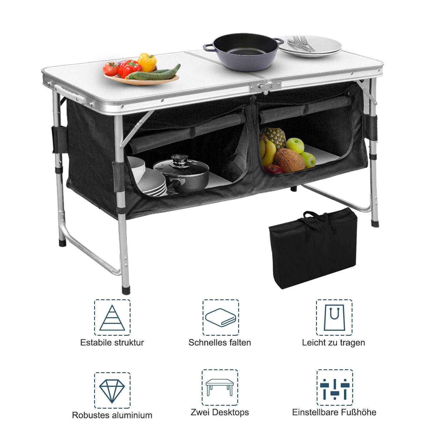 Campingtisch 120x47x68cm, Campingküche aus Alu, faltbar Campingschrank, mit 2 Aufbewahrungsfächern, Höhenverstellbar inkl Tragetasche