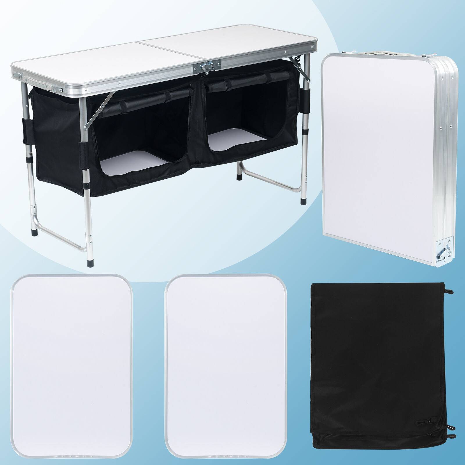 Campingtisch 120x47x68cm, Campingküche aus Alu, faltbar Campingschrank, mit 2 Aufbewahrungsfächern, Höhenverstellbar inkl Tragetasche