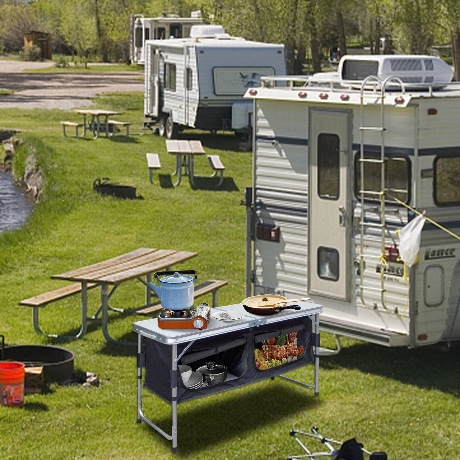 Campingtisch 120x47x68cm, Campingküche aus Alu, faltbar Campingschrank, mit 2 Aufbewahrungsfächern, Höhenverstellbar inkl Tragetasche