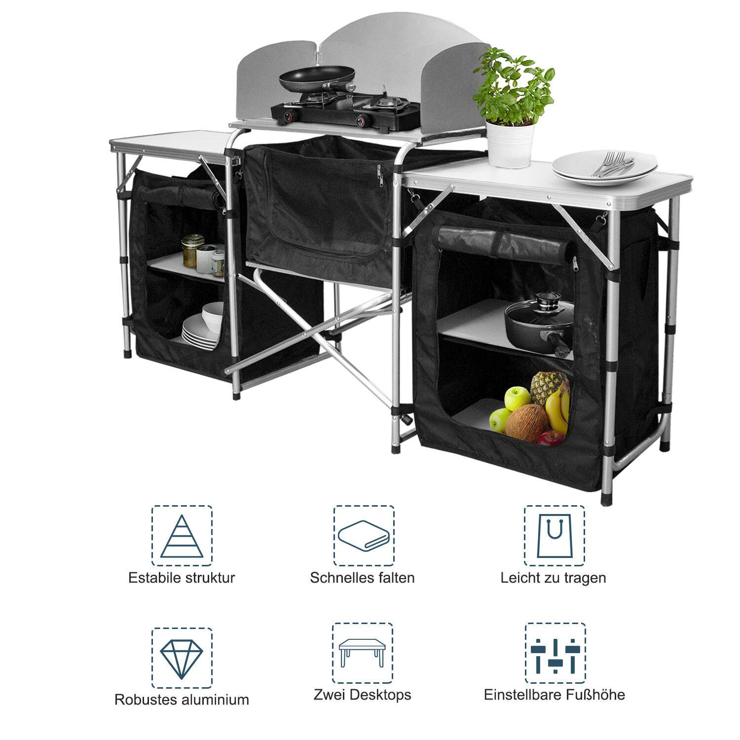 Campingküche Campingtisch aus Alu, faltbar Campingschrank inkl Tragetasche, für Picknick, Camping, Outdoor - Groß Size：164.5x52x104 cm