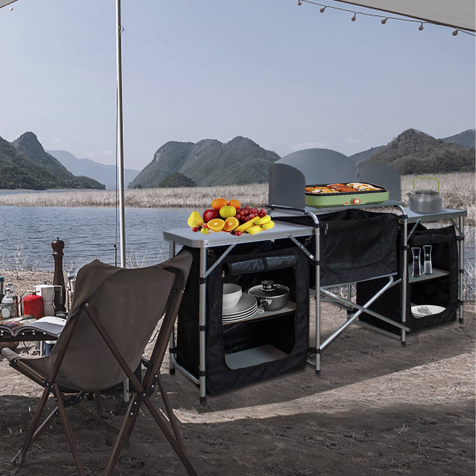 Campingküche Campingtisch aus Alu, faltbar Campingschrank inkl Tragetasche, für Picknick, Camping, Outdoor - Groß Size：164.5x52x104 cm
