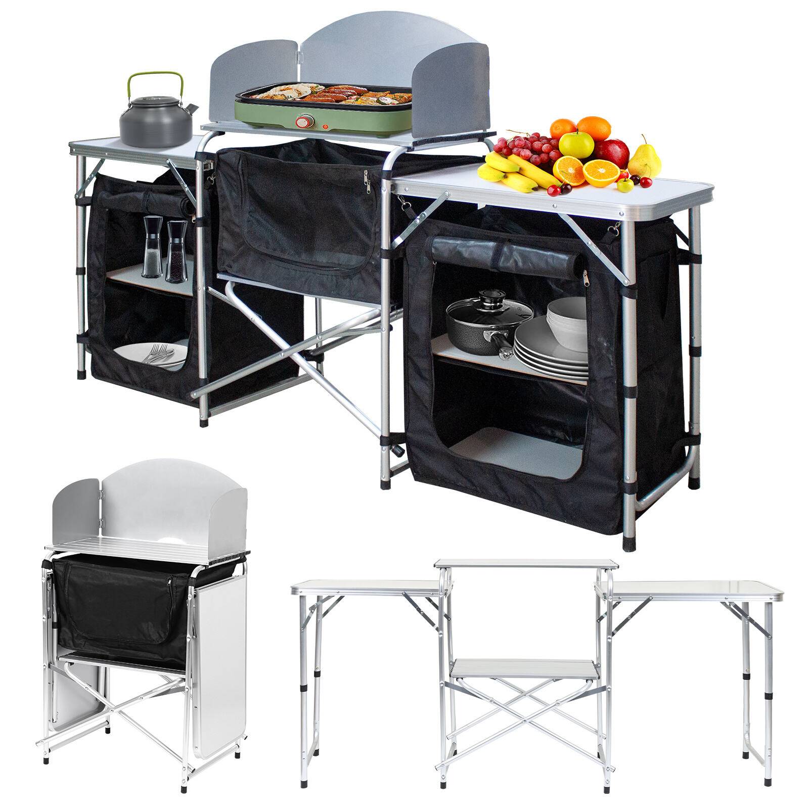 Campingküche Campingtisch aus Alu, faltbar Campingschrank inkl Tragetasche, für Picknick, Camping, Outdoor - Groß Size：164.5x52x104 cm